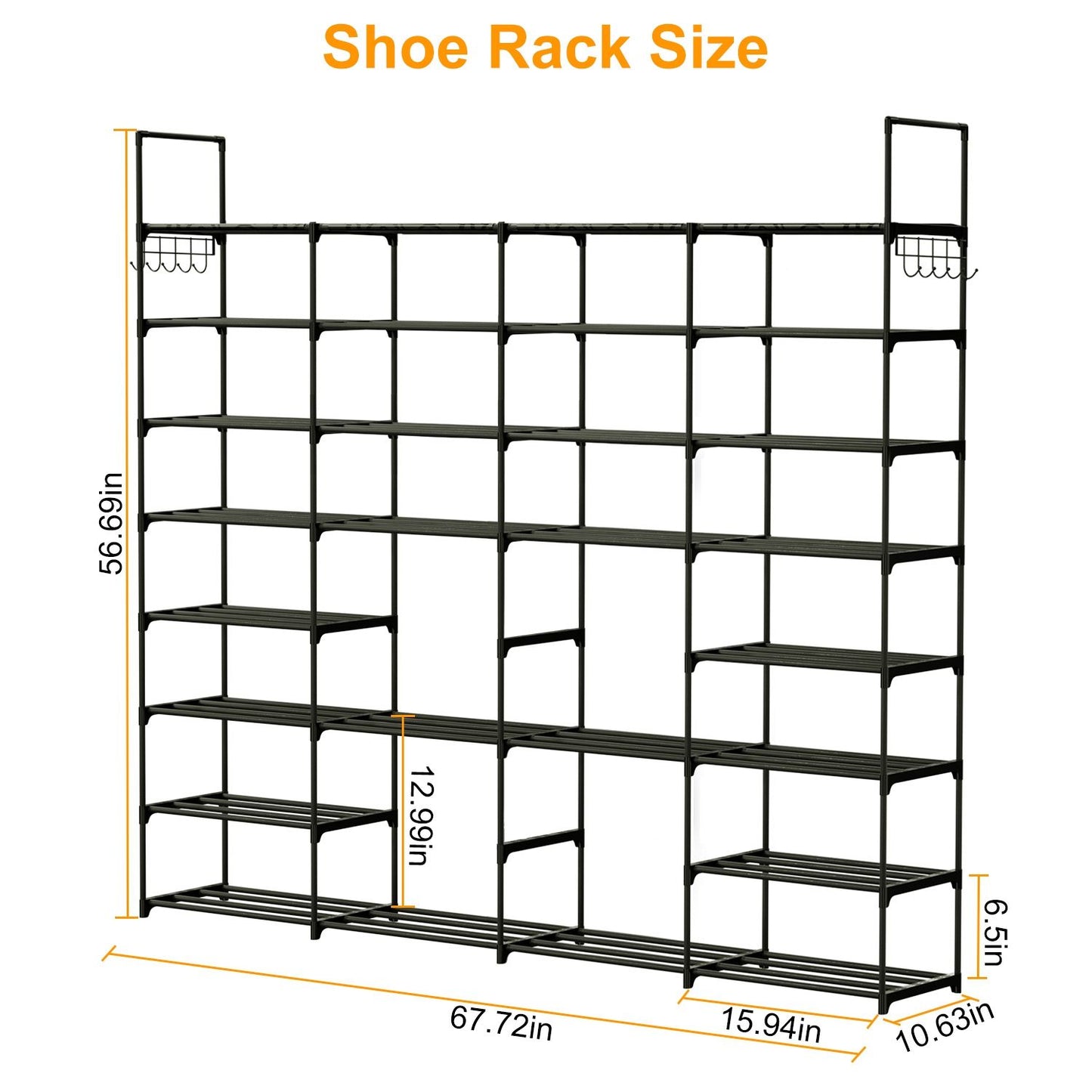 Black shoe rack dimensions showcasing 12 tiers and hooks for storage, measuring 67.72 inches wide by 56.69 inches high, perfect for organizing shoes.