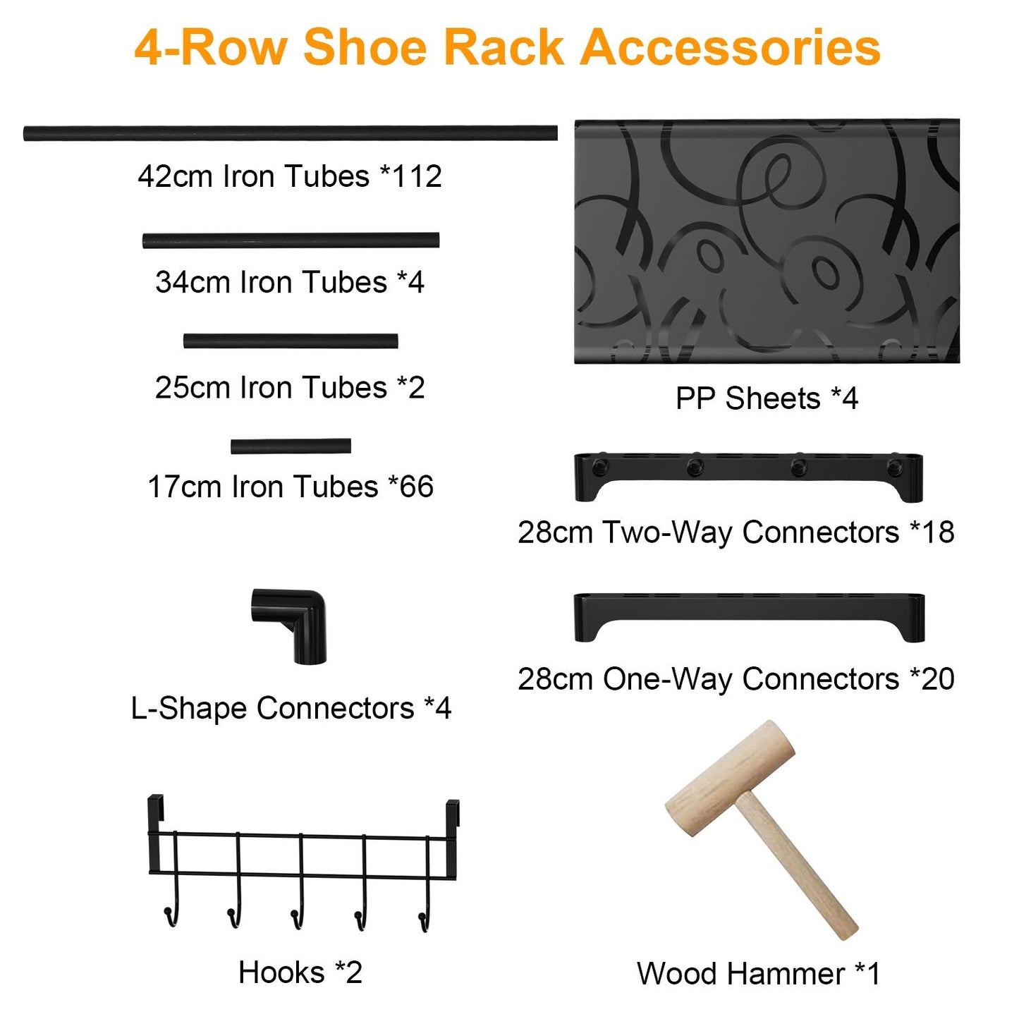 4-row shoe rack accessory components including various lengths of iron tubes, connectors, PP sheets, hooks, and a wood hammer, organized in a clear layout for easy assembly and construction guidance.