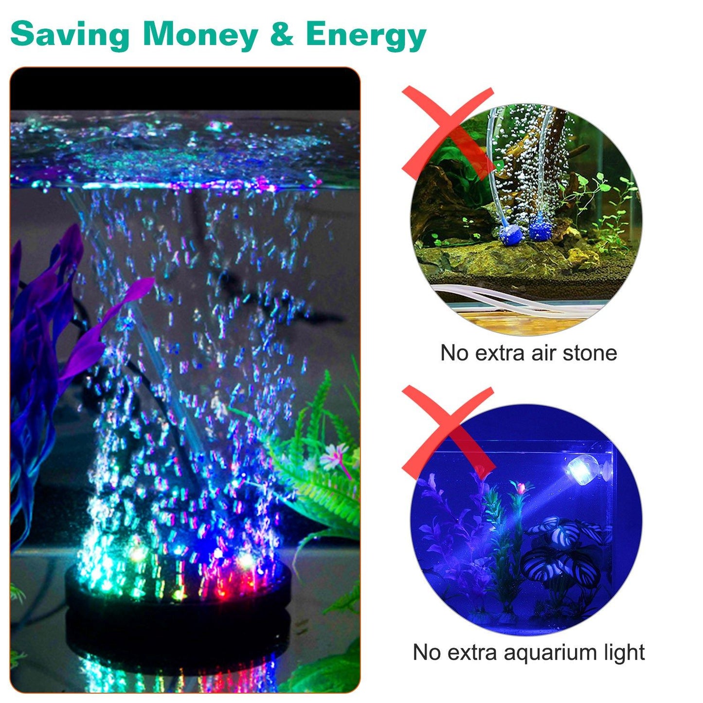 LED aquarium light with colorful bubbles, promoting energy and cost savings while eliminating the need for extra air stones or aquarium lights.