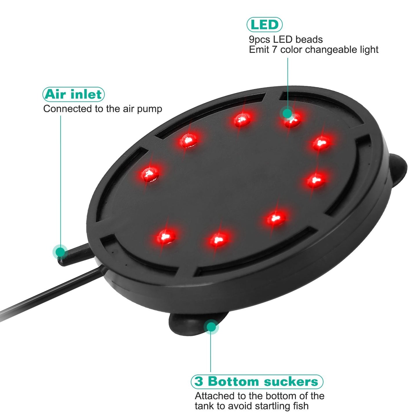 LED aquarium air diffuser with nine red LED beads, featuring an air inlet connection, three bottom suckers for secure attachment, and the ability to emit seven color-changing lights.
