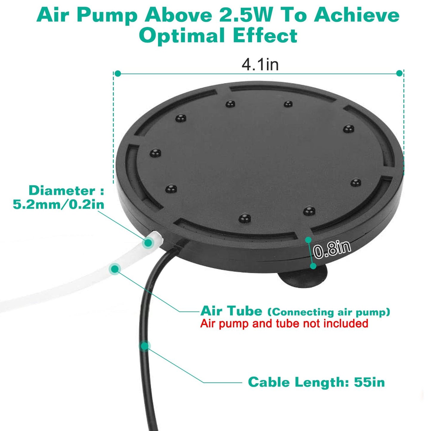 Air pump diffuser with a 4.1-inch diameter, designed for optimal performance with air pumps above 2.5W, featuring a connecting air tube and a 55-inch cable length.