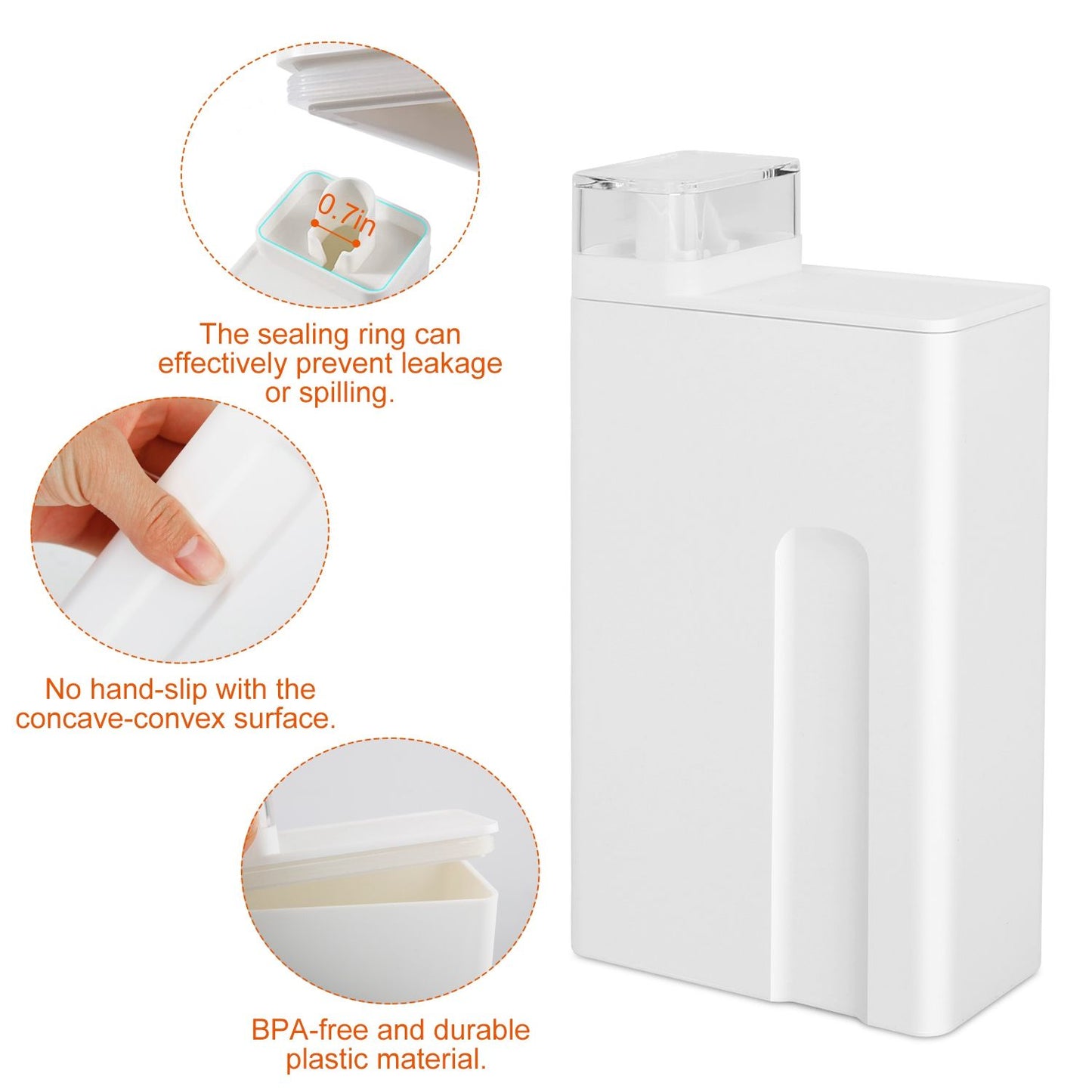 White BPA-free plastic container with a transparent lid, featuring a sealing ring for leak prevention, a comfortable grip design, and a spacious opening for easy access.