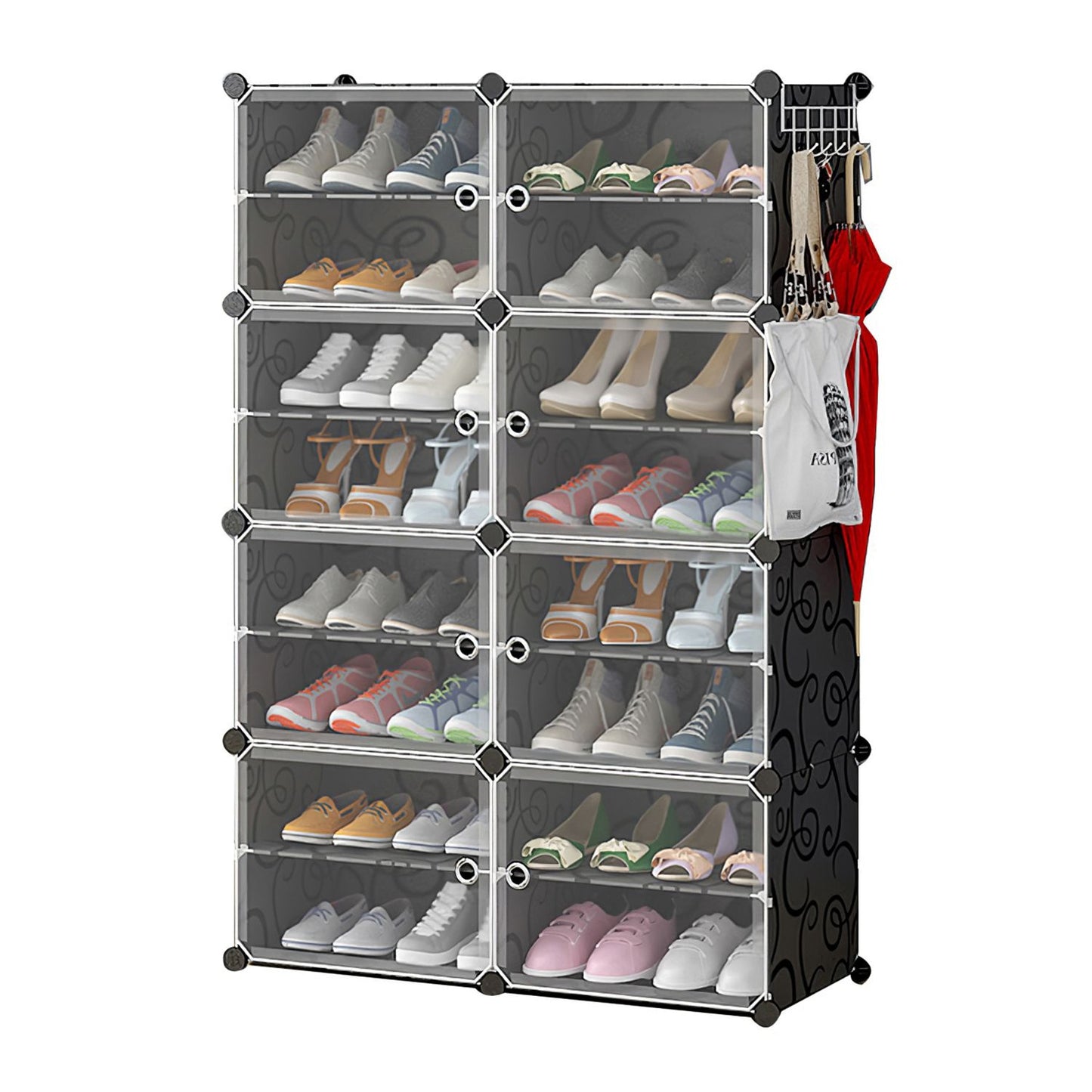 Clear shoe storage organizer with multiple compartments, showcasing a variety of shoes in different styles, alongside hooks for accessories.
