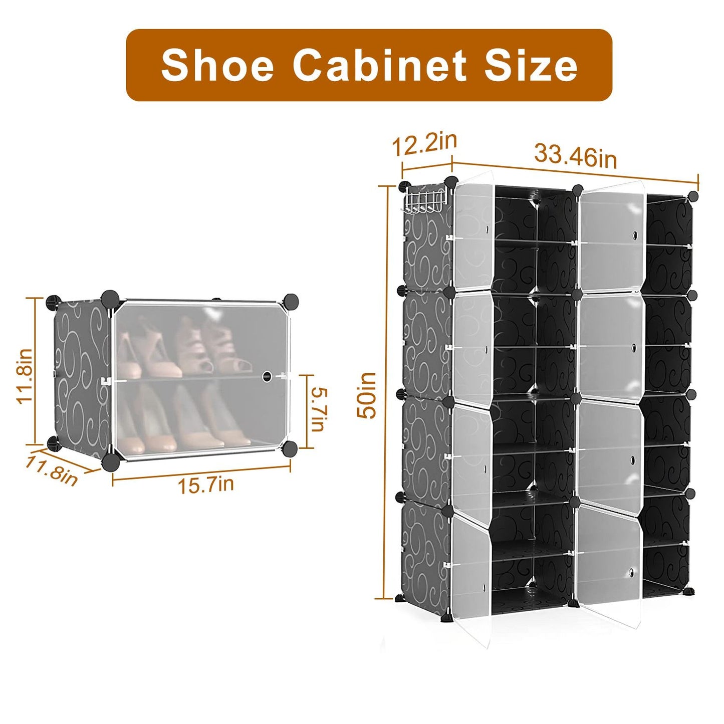 Shoe cabinet size illustration featuring a compact two-tier unit on the left and a larger, multi-tier design on the right, with dimensions marked for easy reference.