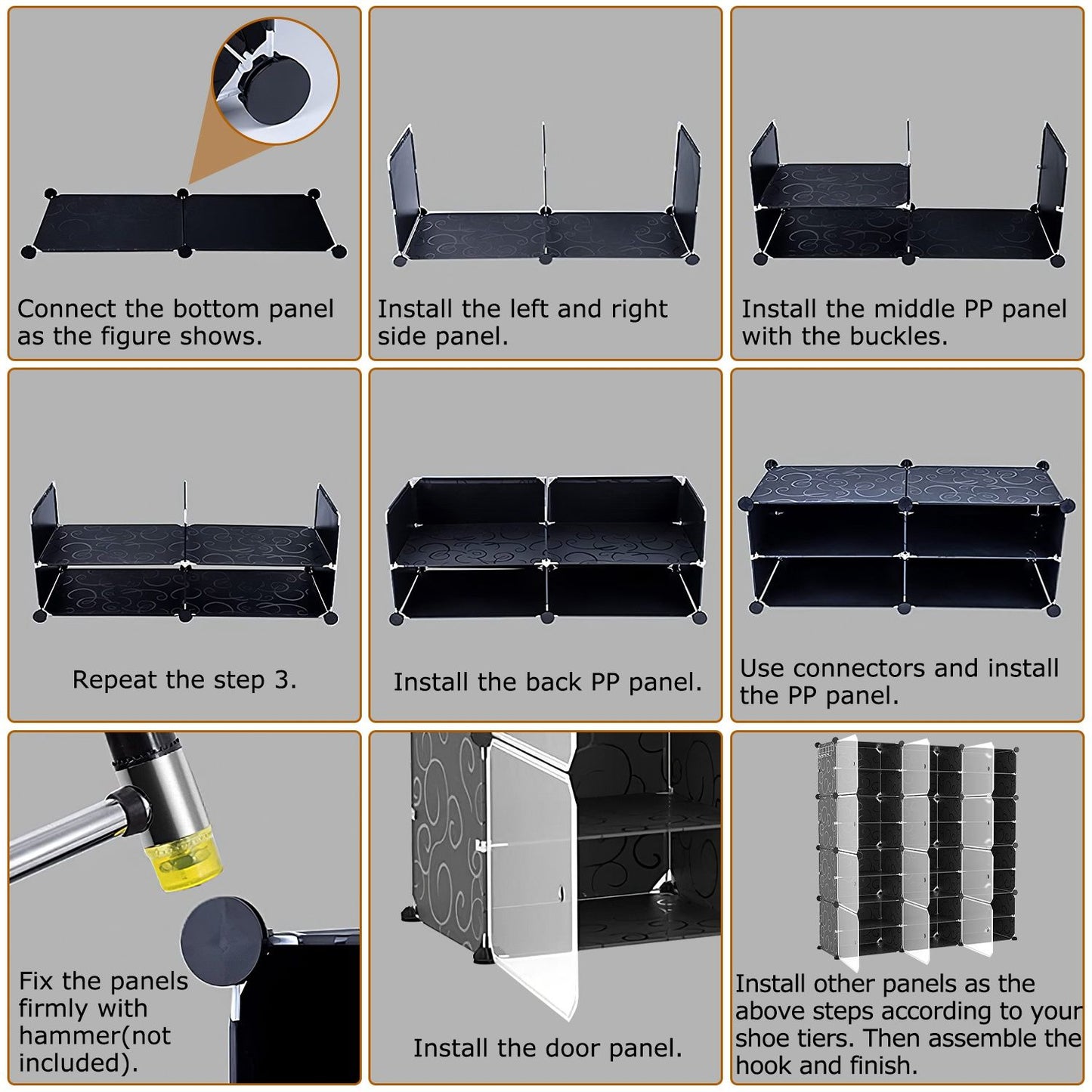 Step-by-step assembly guide for a black modular shoe rack, featuring clear illustrated instructions on connecting panels and securing them with connectors and buckles.
