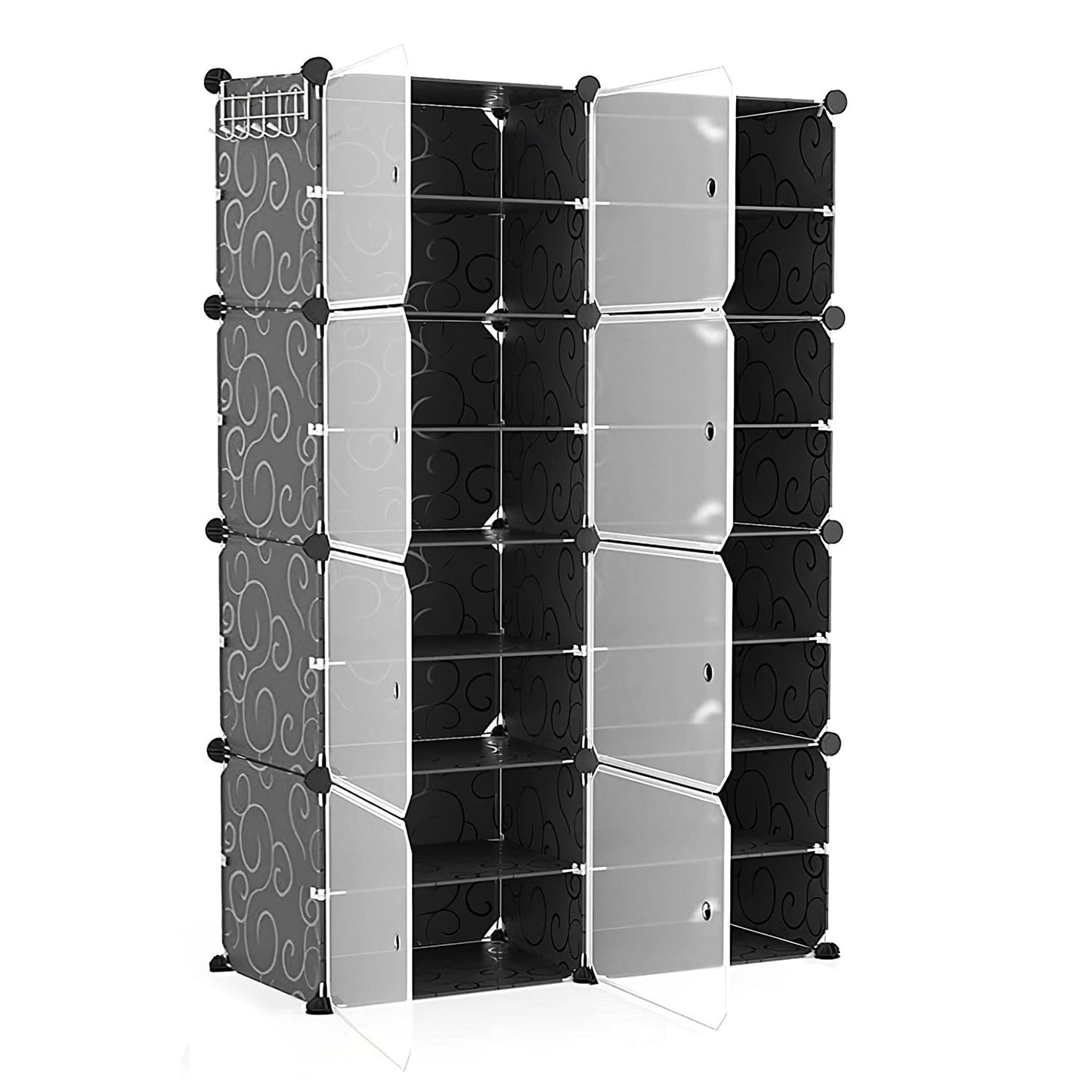 Modular black and clear storage cabinet with decorative design, featuring multiple open compartments and doors for easy access and organization.