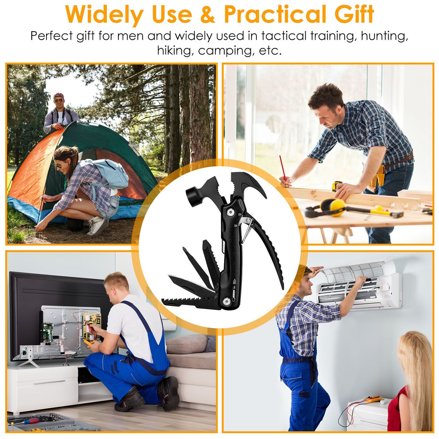 Multi-tool with hammer and various attachments surrounded by images of outdoor activities, home repairs, and tactical training, highlighting its versatility as a practical gift for men.