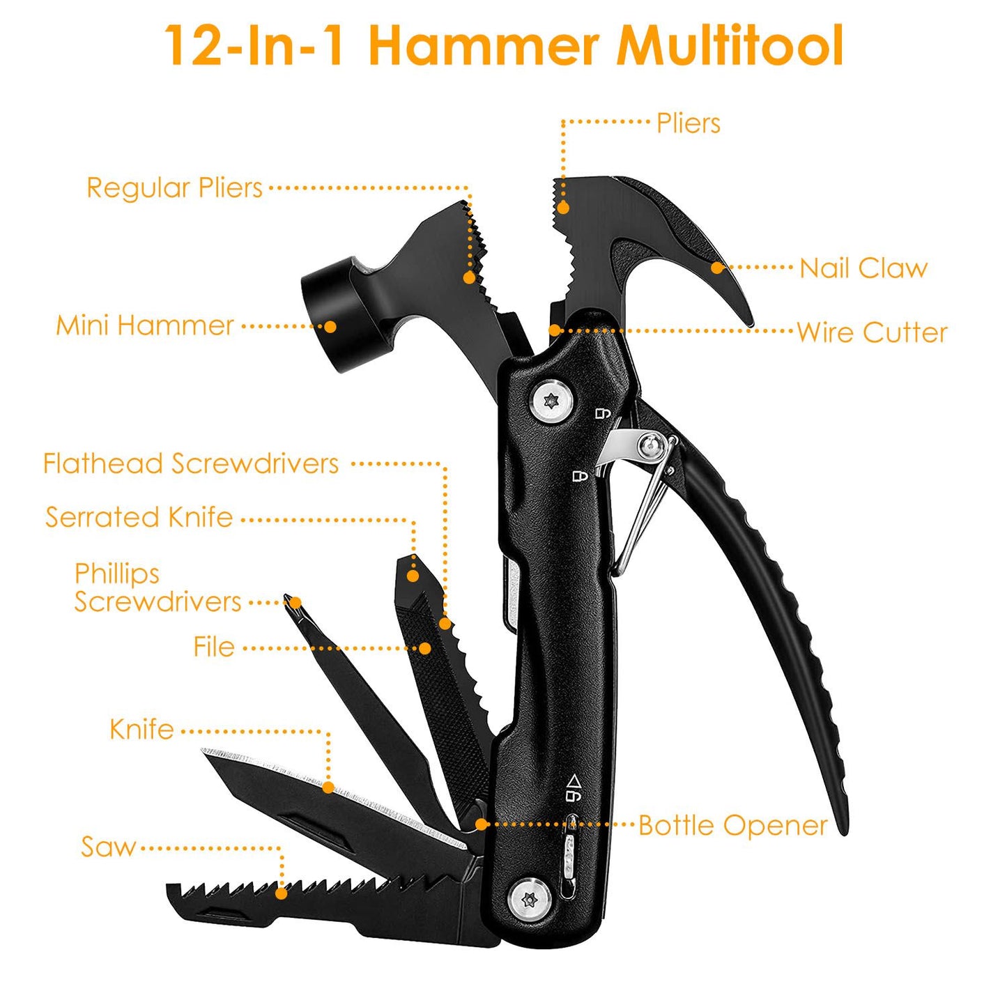 12-in-1 hammer multitool featuring pliers, mini hammer, nail claw, wire cutter, flathead screwdrivers, serrated knife, Phillips screwdrivers, file, knife, saw, and bottle opener, all designed for versatile use in various tasks.