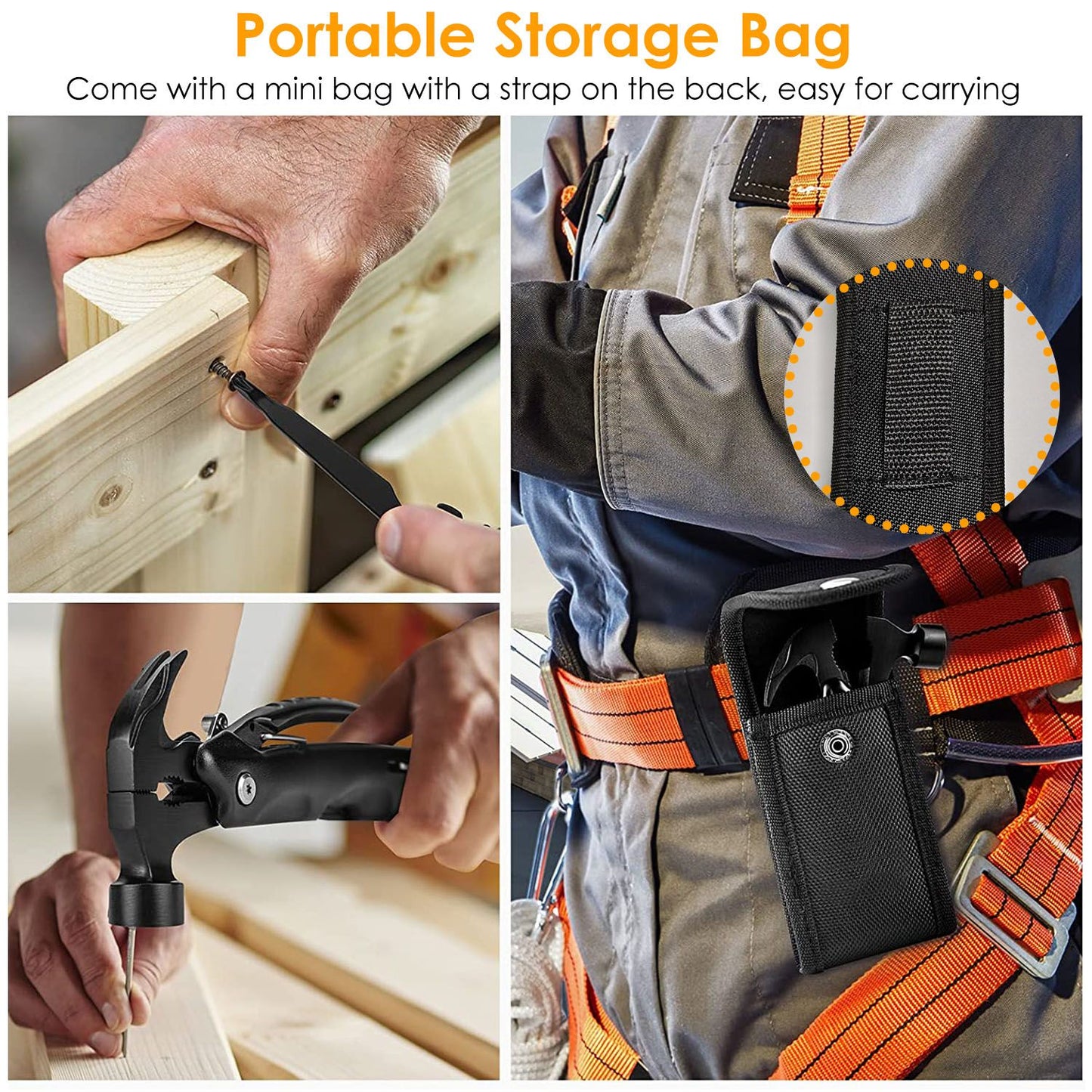 Portable storage bag designed for carrying tools, featuring a strap for easy attachment to a belt; shown with a hand securing a screw, using a hammer, and the bag securely fastened on a worker's waist.