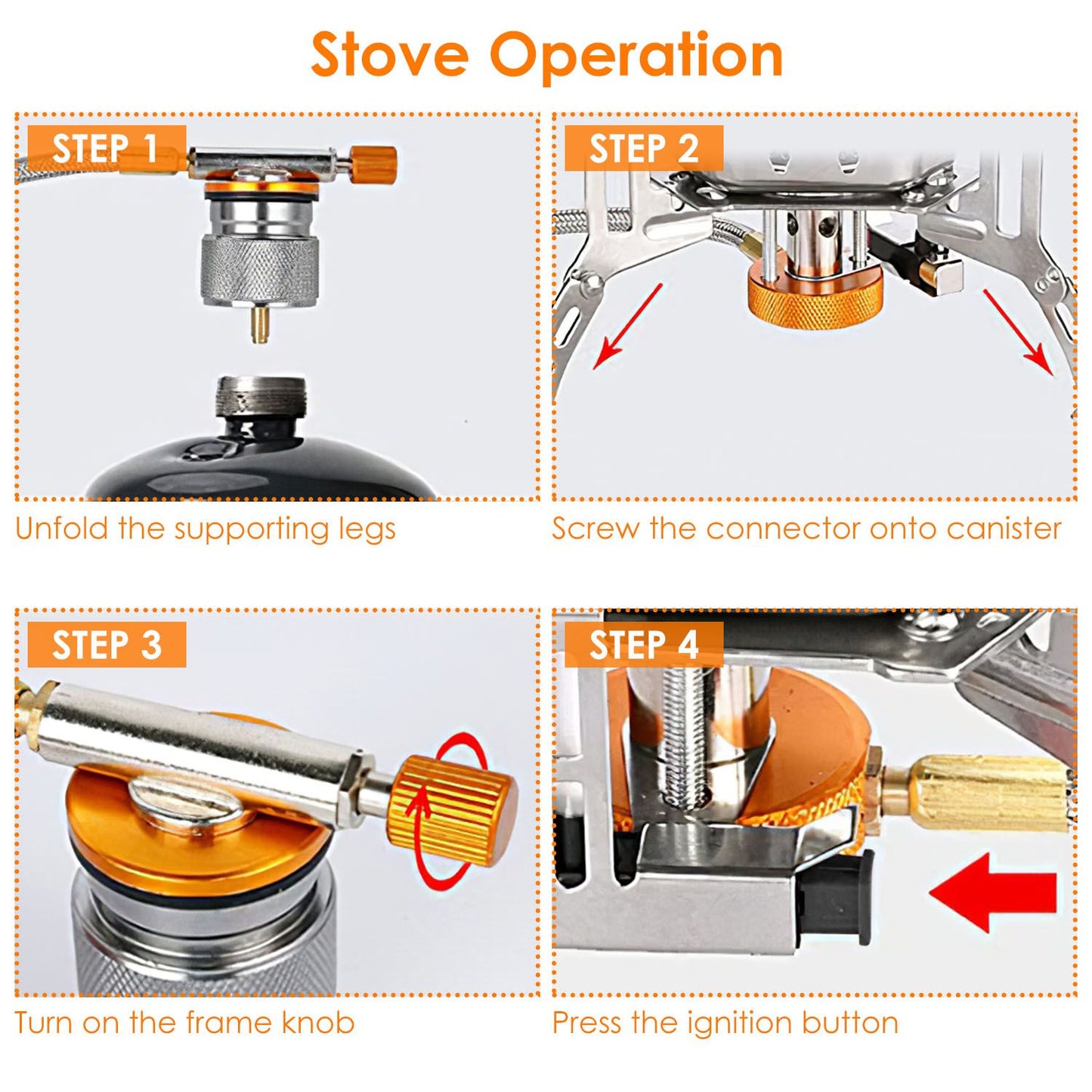 Instructional image outlining four steps for operating a camping stove, including unfolding legs, attaching the connector to the canister, turning on the frame knob, and pressing the ignition button.
