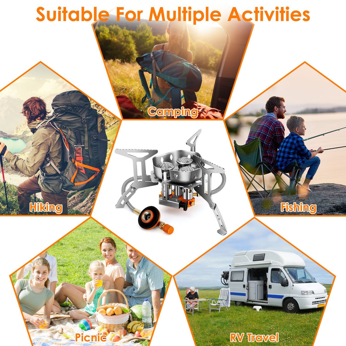 Portable camping stove suitable for hiking, fishing, picnics, RV travel, and camping activities, showcasing versatility and convenience for outdoor enthusiasts.