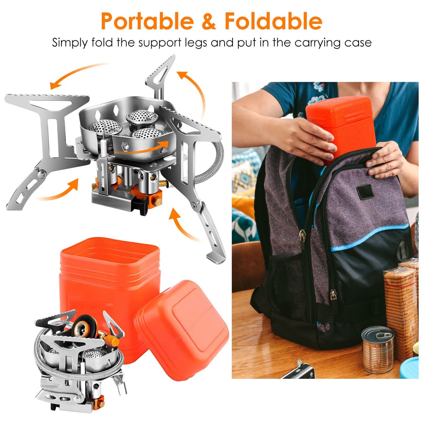 Portable and foldable camping stove in a bright orange carrying case, featuring a compact design ideal for outdoor adventures, with a user adding the case to a backpack.