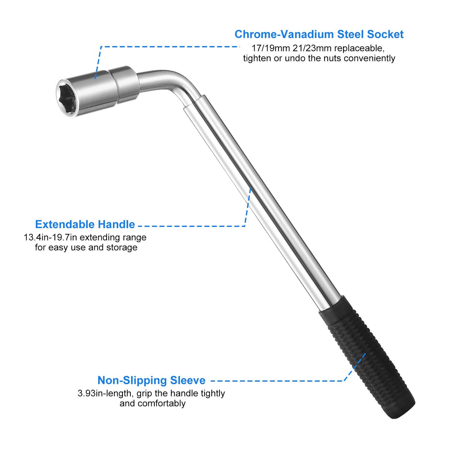 Chrome-Vanadium steel socket tool with an extendable handle ranging from 13.4 to 19.7 inches and a non-slip grip sleeve for comfortable use, designed for tightening and loosening nuts efficiently.