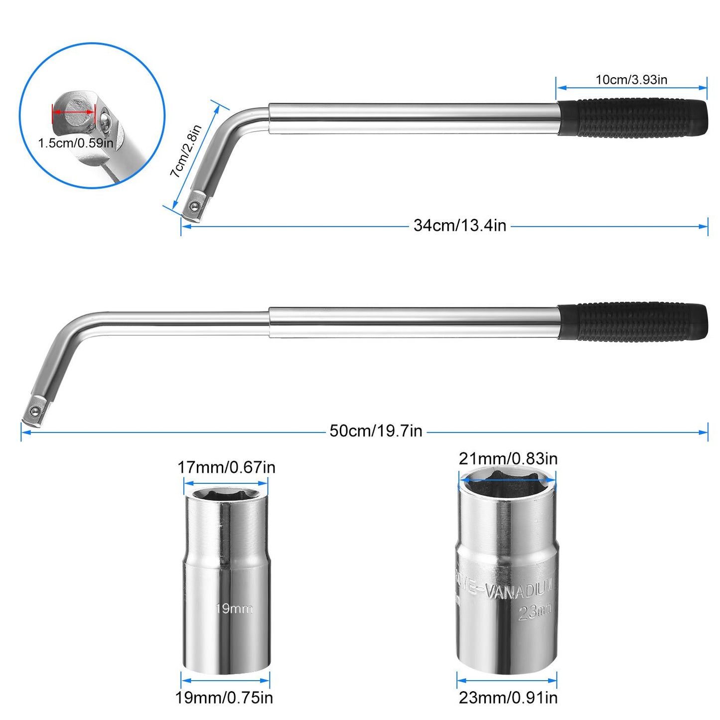 Premium adjustable wrench set featuring two durable chrome vanadium handles, one measuring 34cm and another 50cm, with included 17mm, 19mm, 21mm, and 23mm socket sizes for versatile use in automotive repairs and maintenance.