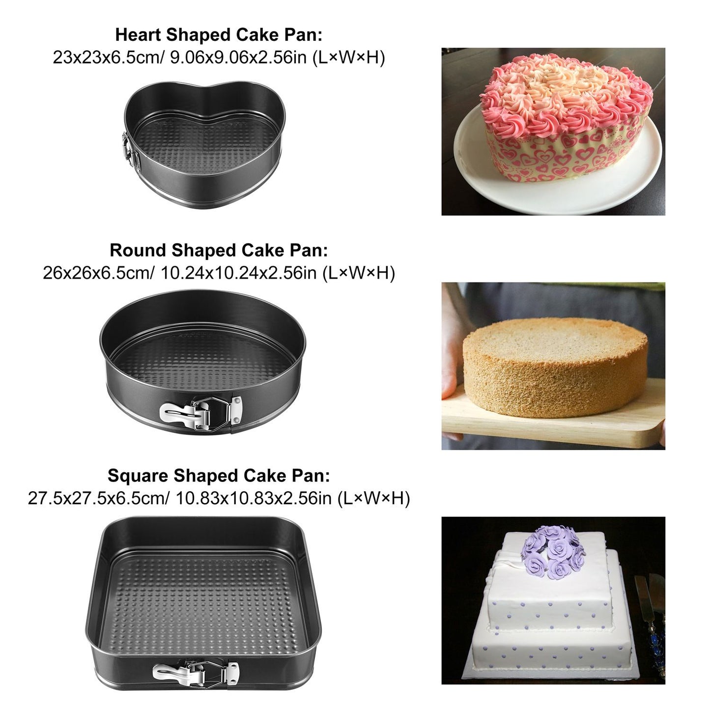 Heart-shaped, round, and square cake pans displayed with their corresponding baked cakes, showcasing versatile baking options and dimensions for homemade desserts.