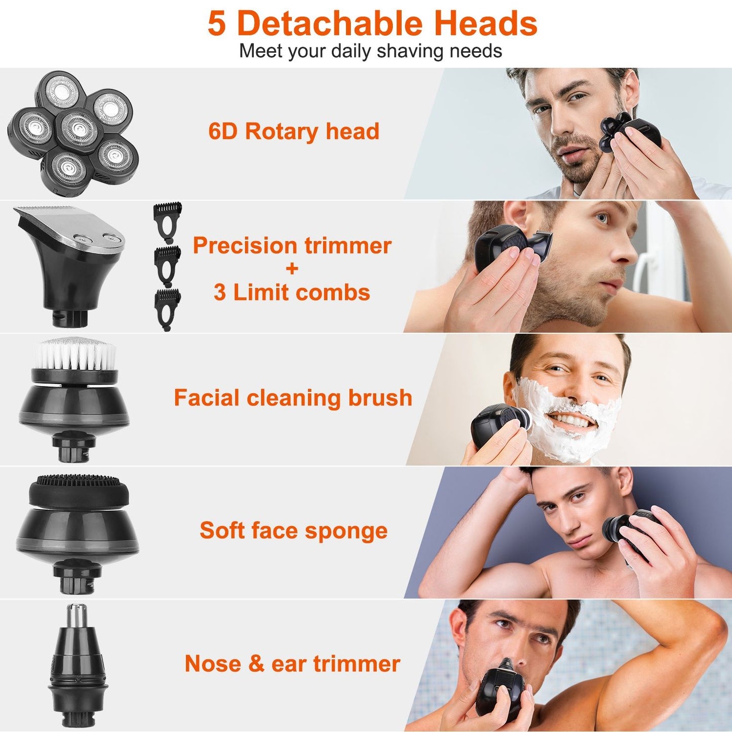 Image of a multi-functional grooming kit featuring five detachable heads, including a 6D rotary head, precision trimmer with three limit combs, facial cleaning brush, soft face sponge, and a nose and ear trimmer, designed for versatile daily shaving and grooming needs.