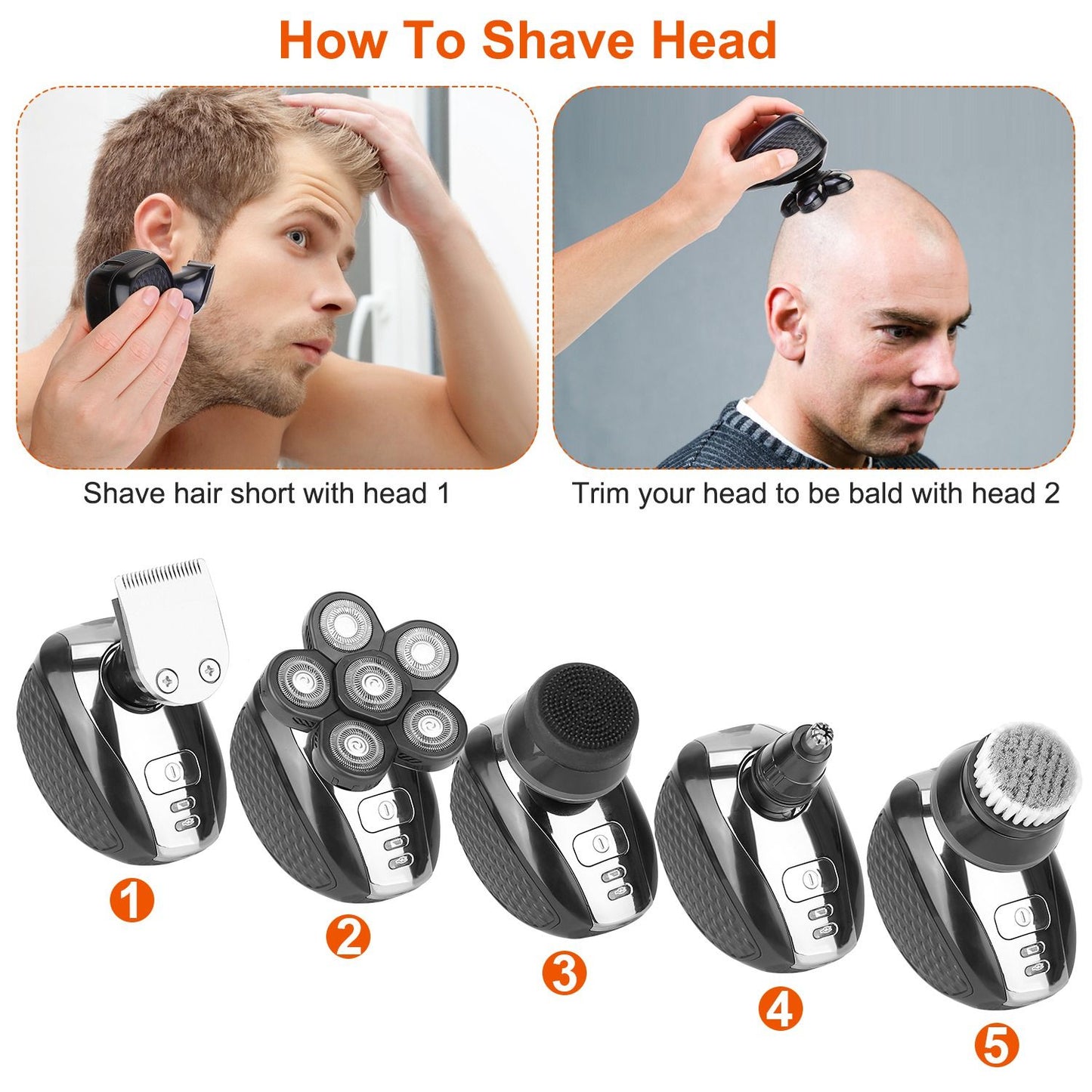 Detailed guide on shaving your head using five different grooming attachments, including a clipper, rotary shaver, cleaning brush, nose hair trimmer, and exfoliating head massage tool.