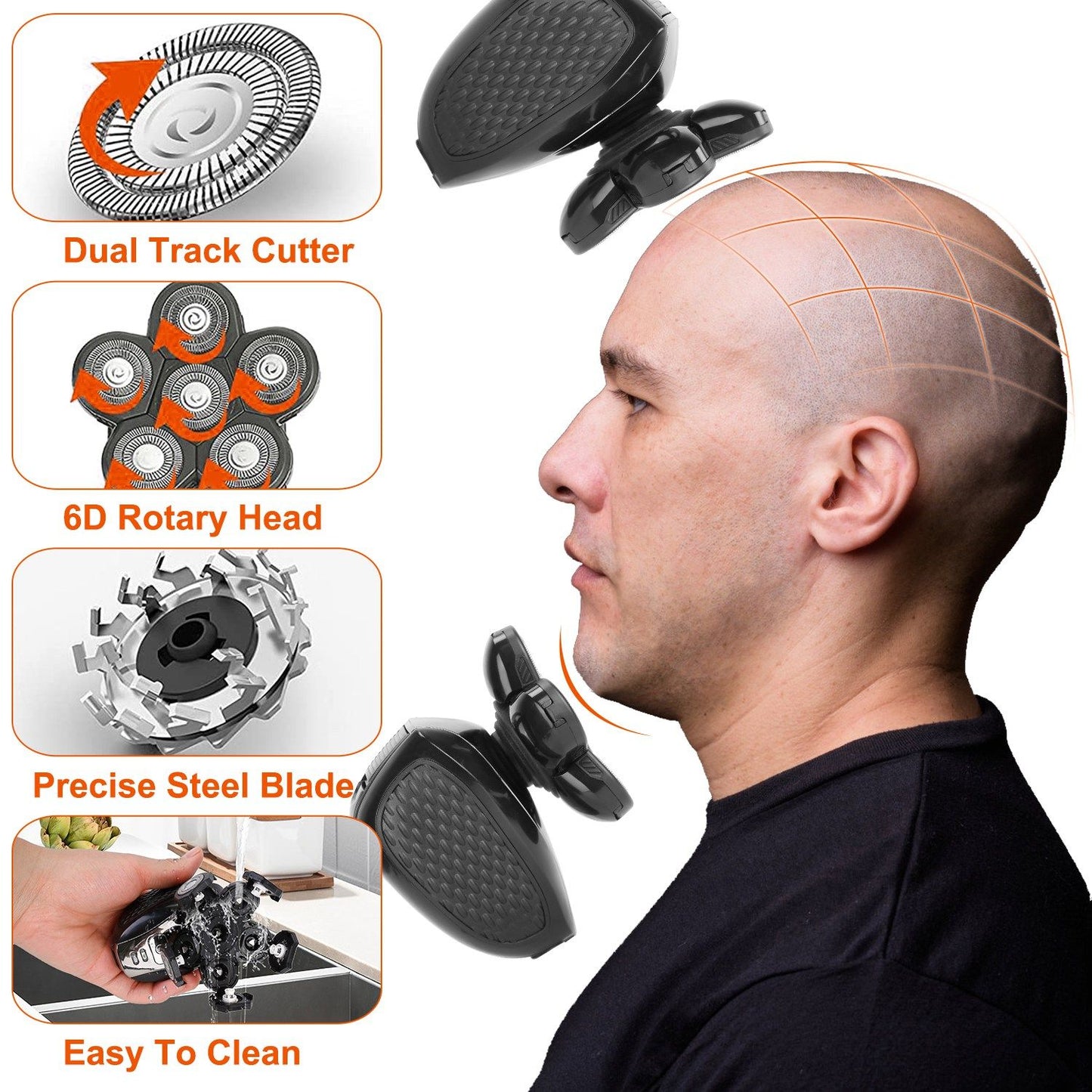 Electric head shaver featuring a dual track cutter, 6D rotary head, and precise steel blades, showcasing easy cleaning and efficiency for smooth grooming.