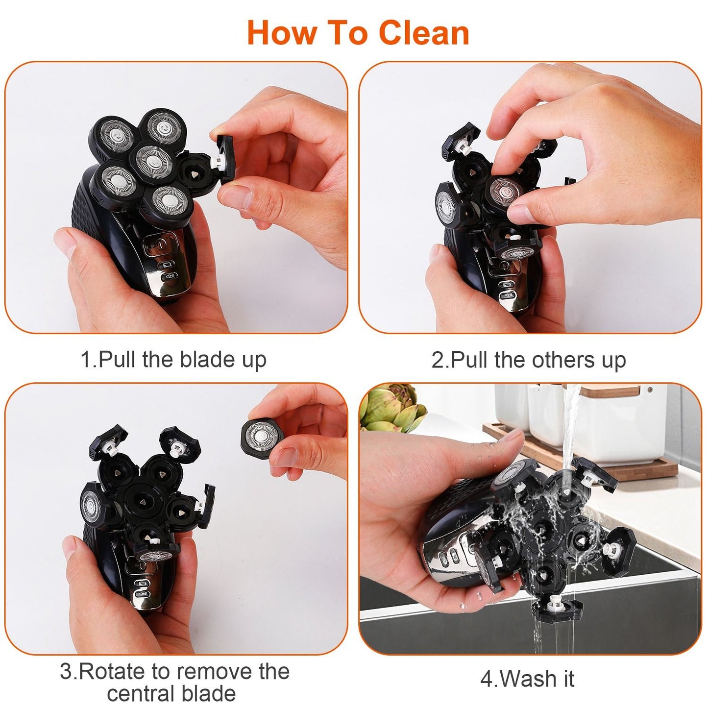 How to clean an electric shaver: step-by-step instructions showing hands pulling blades, rotating for removal, and rinsing under water.