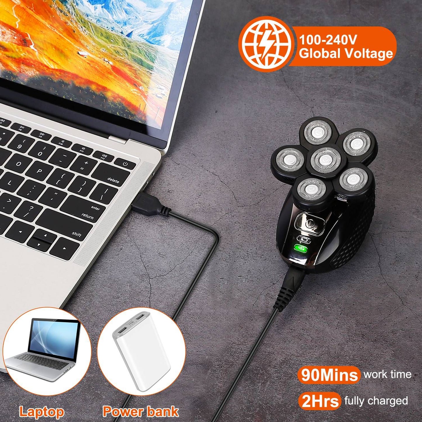 Portable hair clippers with a USB connection, showcasing global voltage compatibility (100-240V) and features like 90 minutes of operating time and 2 hours of charging time, plugged into a laptop and power bank.