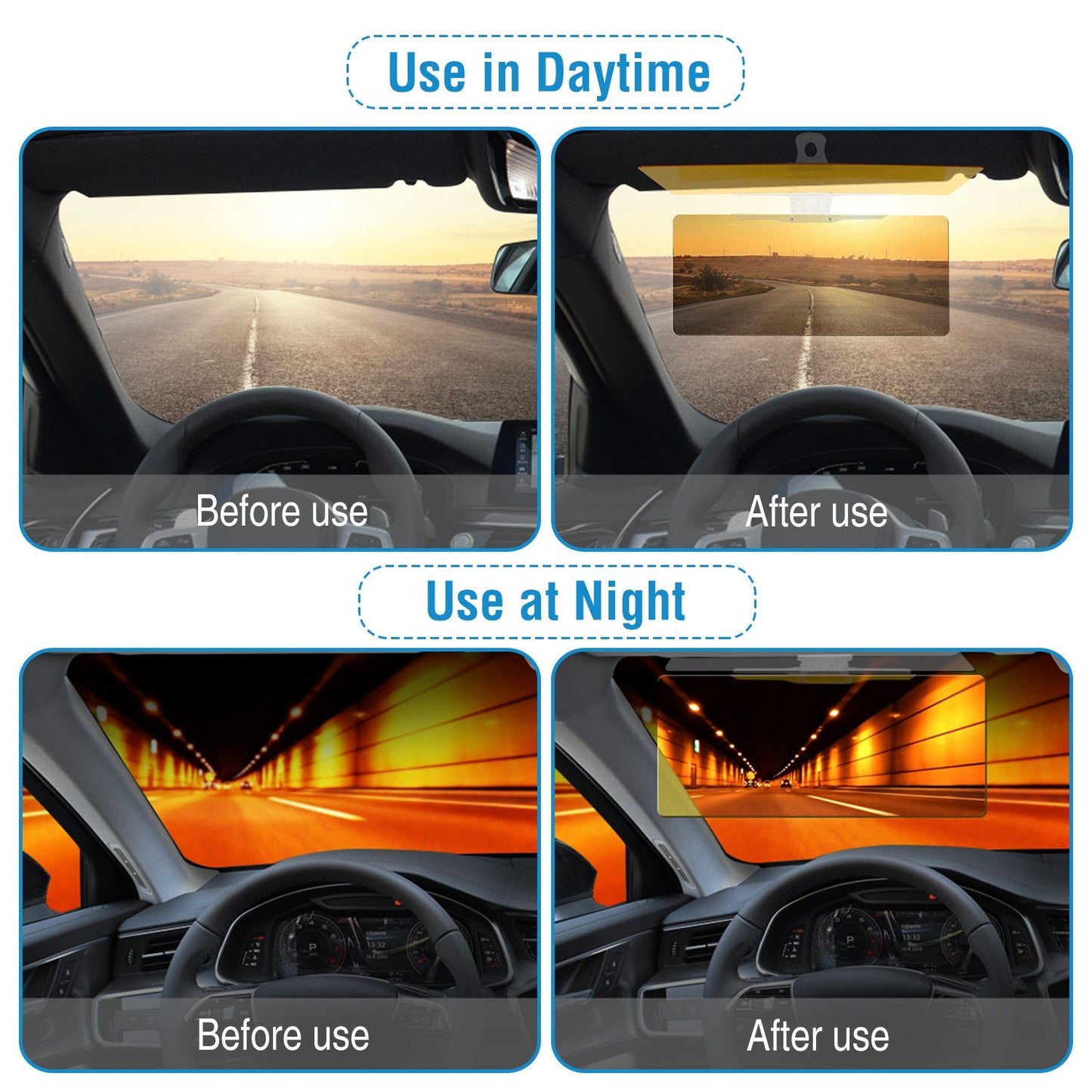 Car sun visor product image showcasing before and after use scenarios for daytime and nighttime driving, illustrating glare reduction and improved visibility.