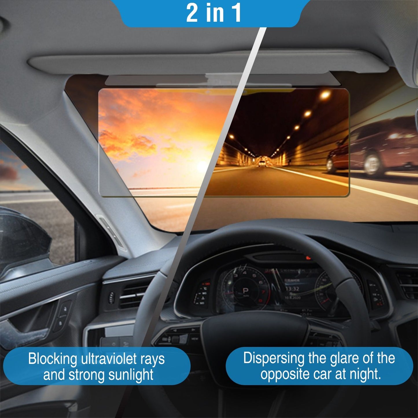 2-in-1 car sun visor blocking UV rays and sunlight on the left side, and reducing glare from oncoming traffic at night on the right side, showcasing its dual functionality.