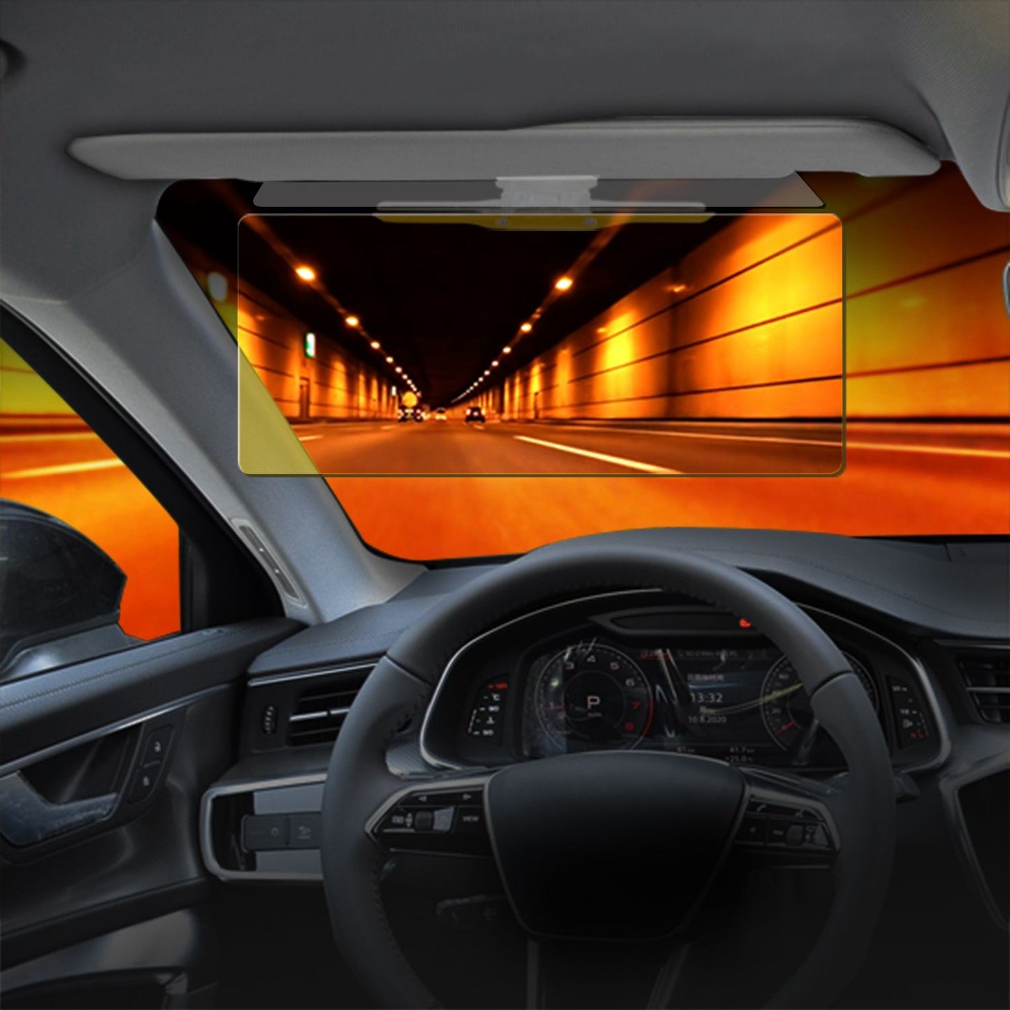 Car interior showing a sun visor with an anti-glare screen displaying a brightly lit tunnel, enhancing driver visibility.