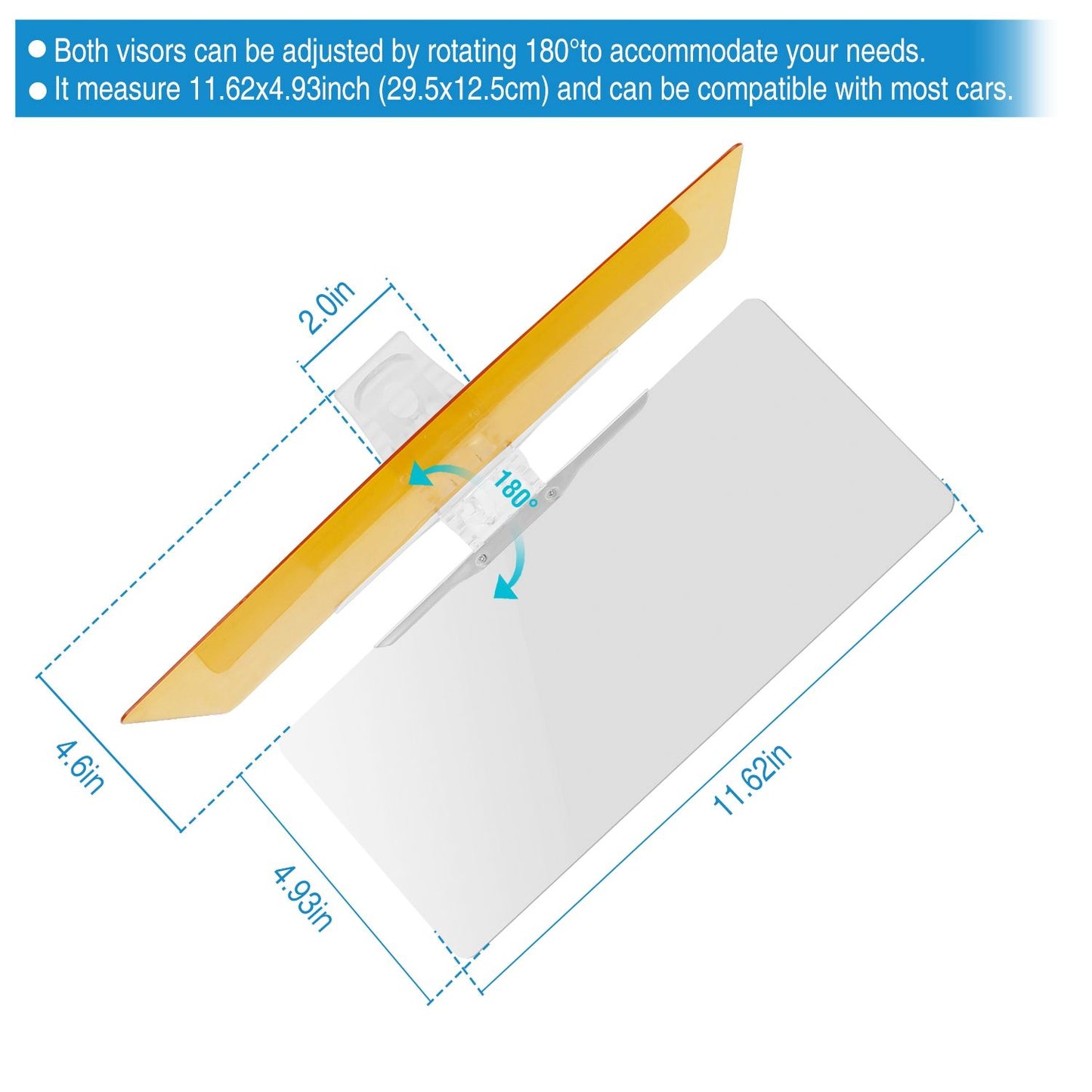 Adjustable car sun visor with clear and amber panels, measuring 11.62 x 4.93 inches, designed to fit most vehicles and reduce glare while driving.