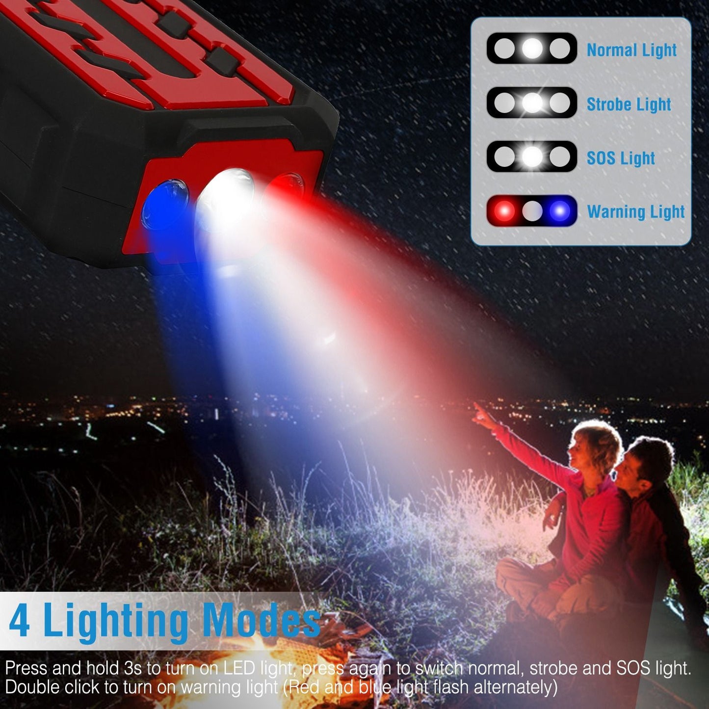 LED flashlight with red and blue lights, showcasing four lighting modes: normal, strobe, SOS, and warning light, ideal for camping or emergency situations.