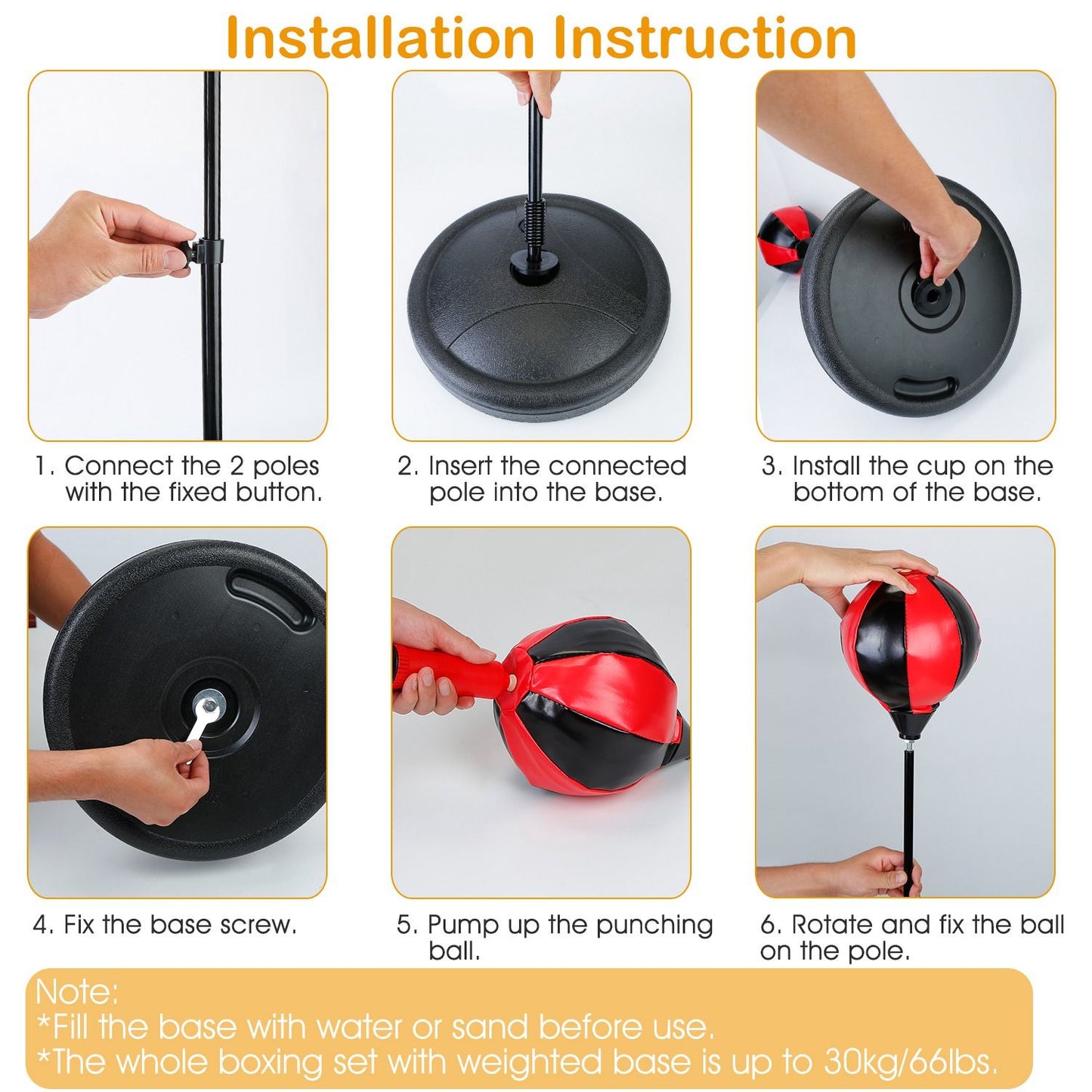Step-by-step installation guide for a punching bag set, highlighting the assembly process including connecting poles, securing the base, and inflating the punching ball.