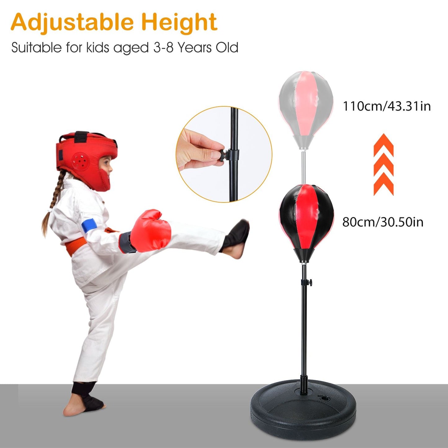 Kids boxing training set featuring an adjustable height punching bag suitable for children aged 3-8 years, with a child in a karate uniform demonstrating a kick.