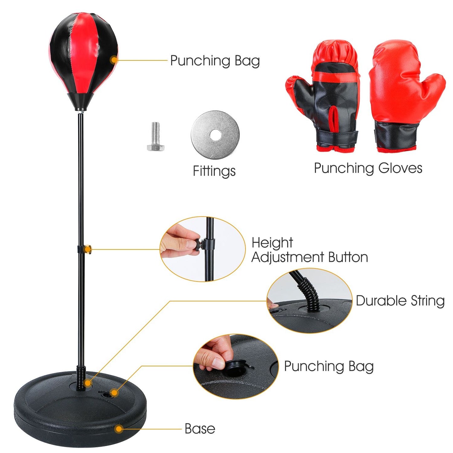 Punching bag set featuring a height-adjustable stand, durable base, red punching gloves, and essential fittings for easy assembly, ideal for home fitness and boxing training.