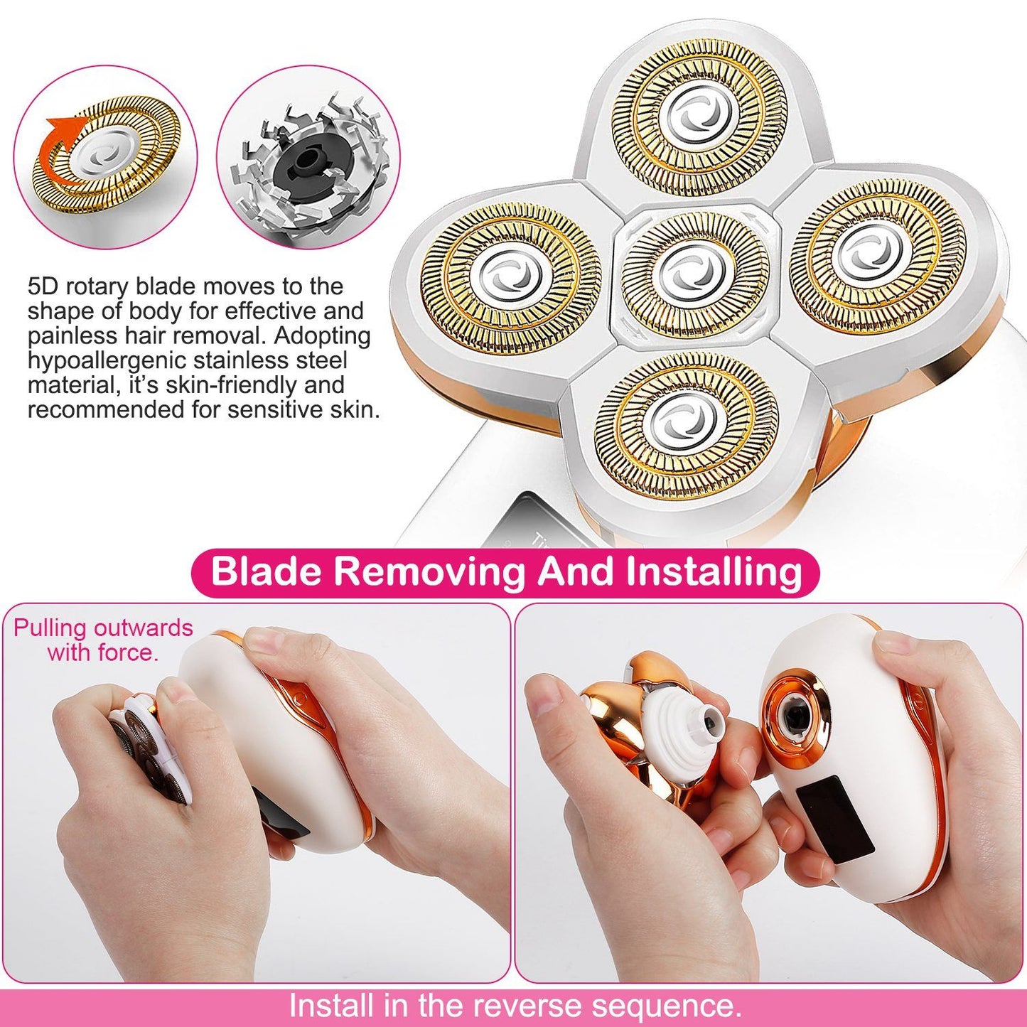 5D rotary blade hair removal device with stainless steel blades, demonstrating blade removal and installation process for sensitive skin use.