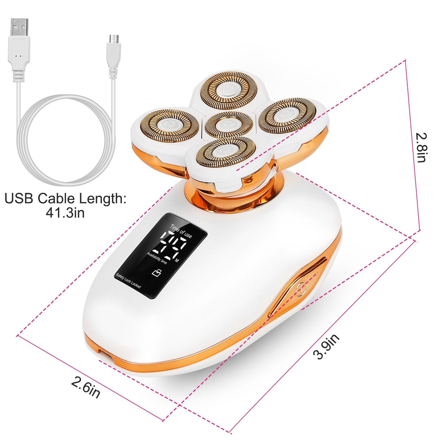 Electric facial massager with five rotating heads, digital display, and USB cable for charging; dimensions 2.6in x 3.9in x 2.8in.