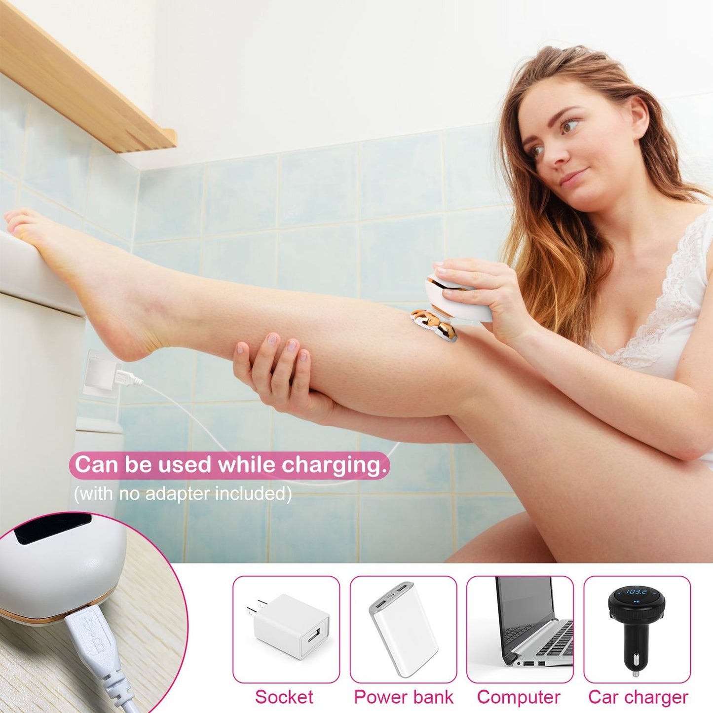 Woman using an electric hair remover on her leg in a bathroom setting, with charging cable connected to a wall socket, showcasing the device's ability to be used while charging.