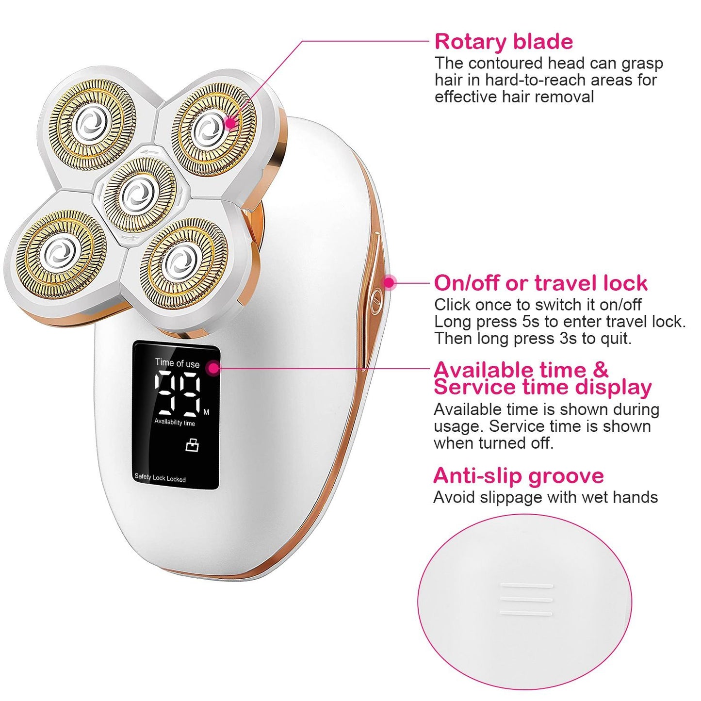 Electric hair remover featuring a rotary blade for effective hair removal, an on/off travel lock, an availability and service time display, and an anti-slip groove for secure handling.