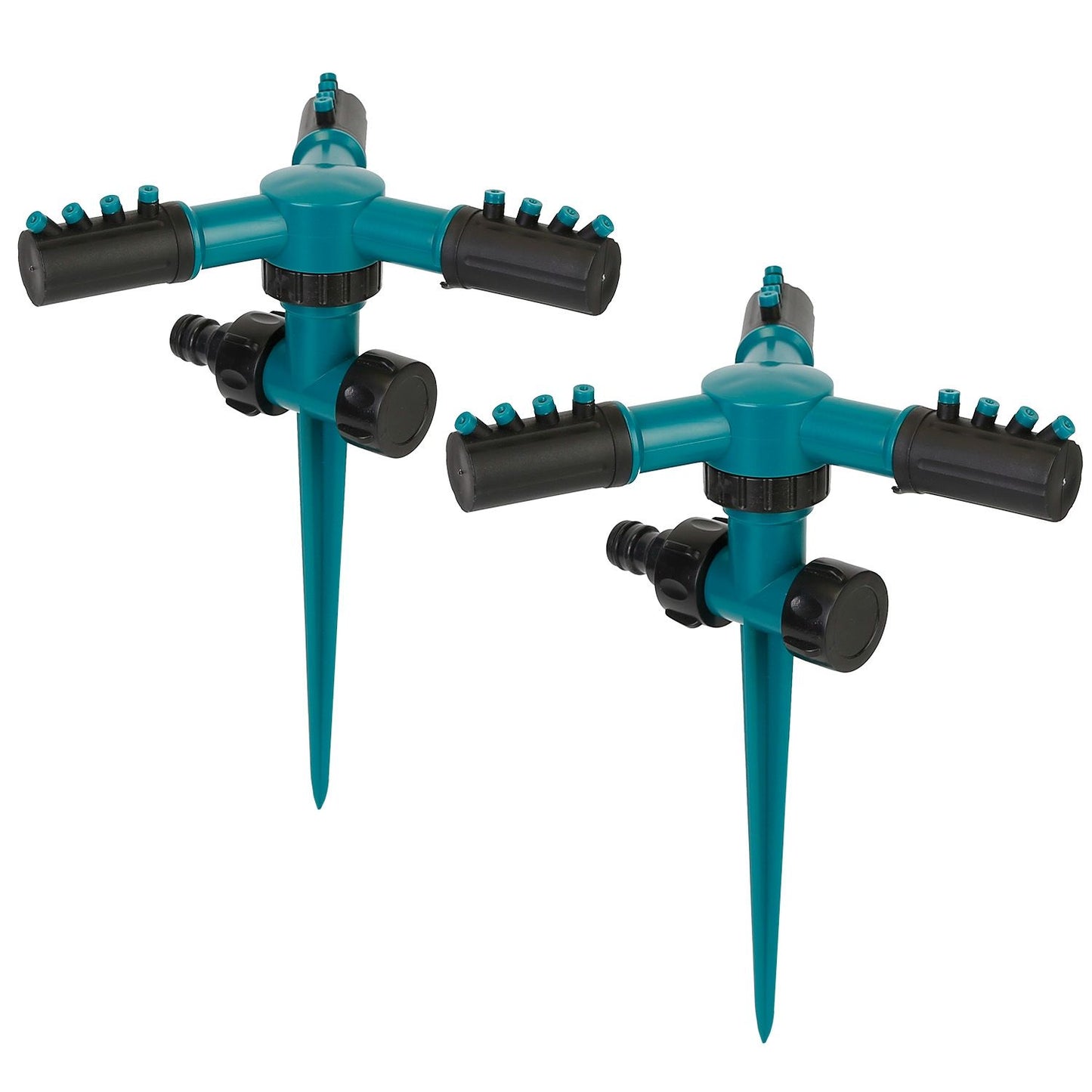 Set of two adjustable garden sprinklers with teal and black design, featuring multiple spray settings and sturdy stakes for easy installation.