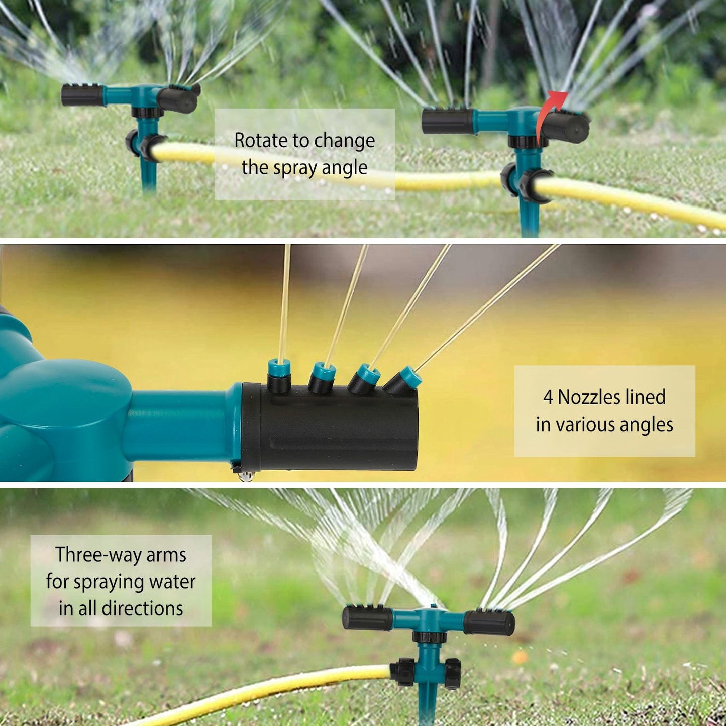 Sprinkler system with adjustable spray angle, featuring a three-way arm design and four nozzles positioned at various angles for uniform water distribution in the garden.