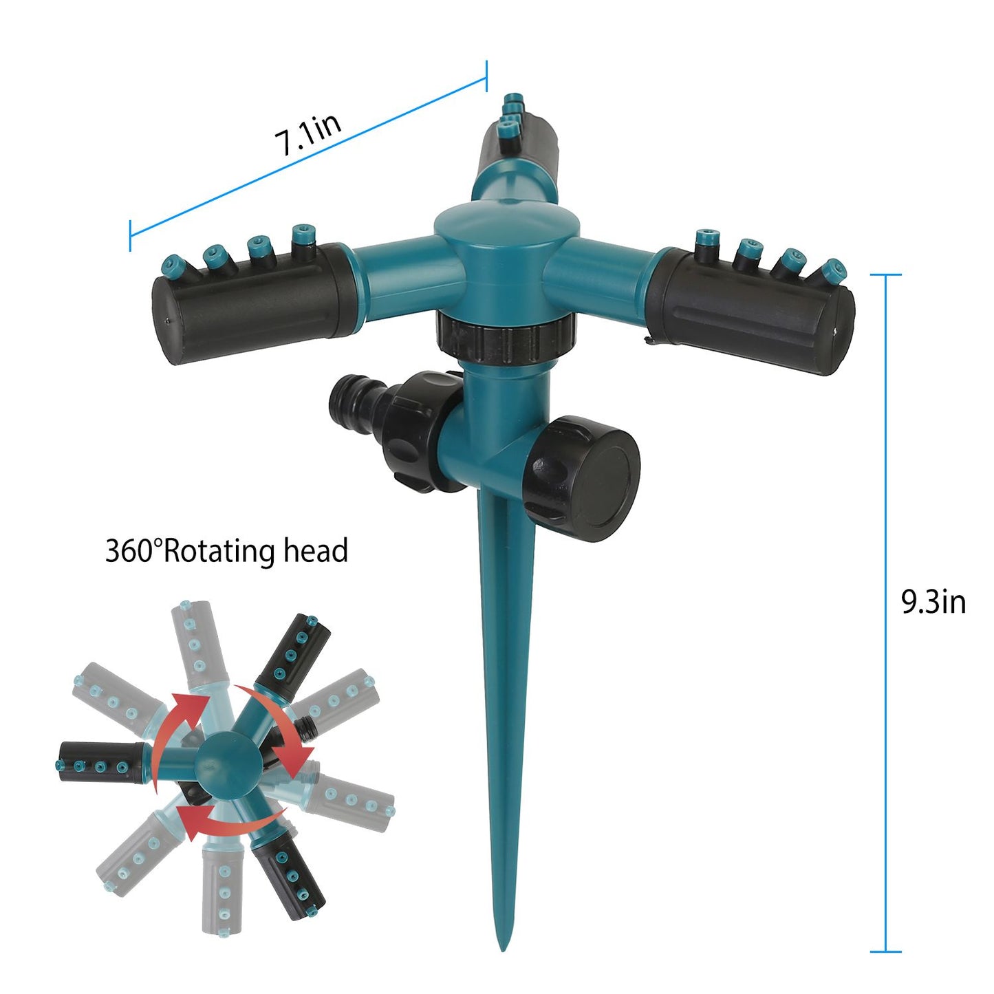 Multi-directional garden sprinkler with 360° rotating head, measuring 7.1 inches wide and 9.3 inches tall, designed for efficient watering of lawns and gardens.