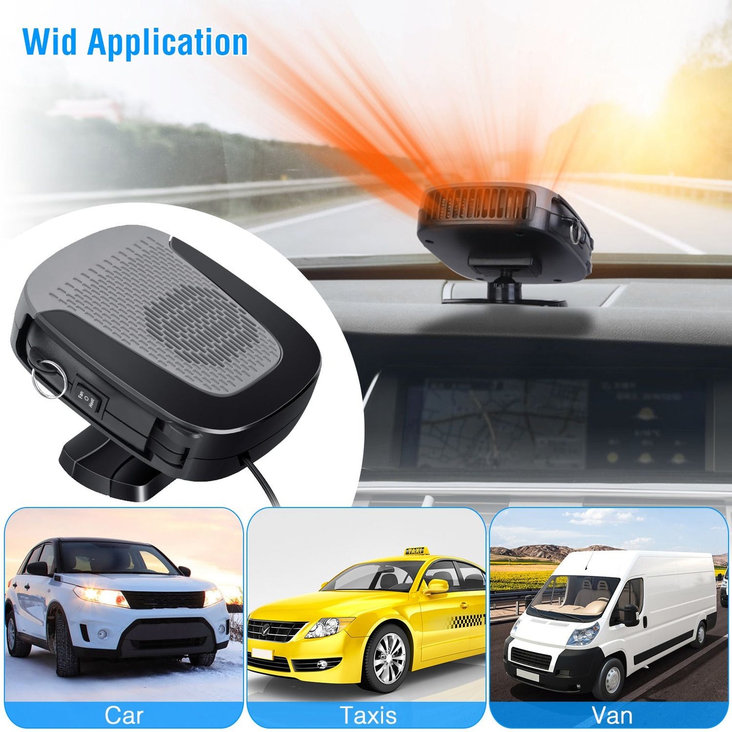 Image of a car dashboard device with an orange light, designed for various vehicles including cars, taxis, and vans, showcasing its wide application for safety and alert systems.