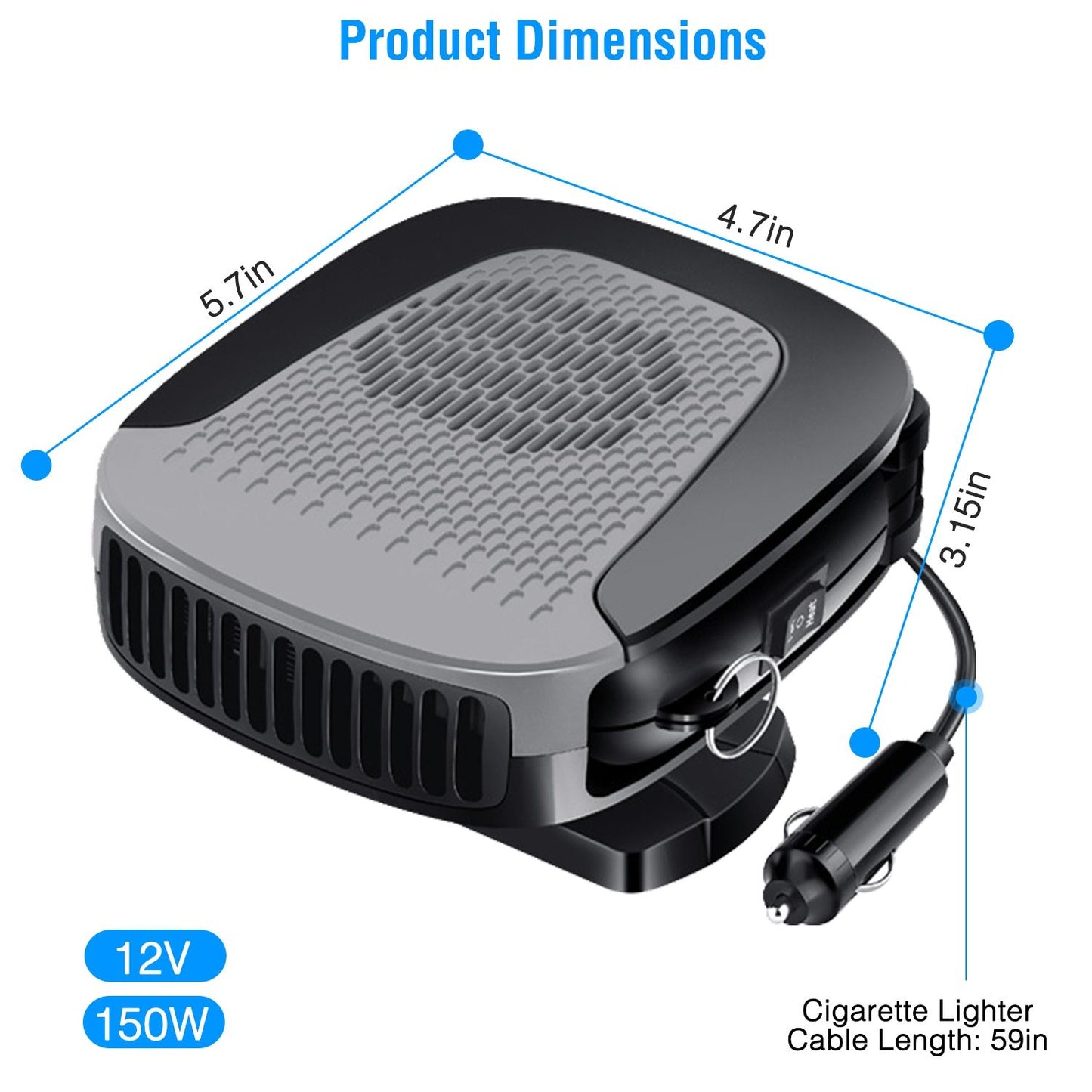 Compact 12V 150W portable car fan with dimensions of 5.7in x 4.7in x 3.15in and 59in cigarette lighter cable, ideal for cooling on the go.