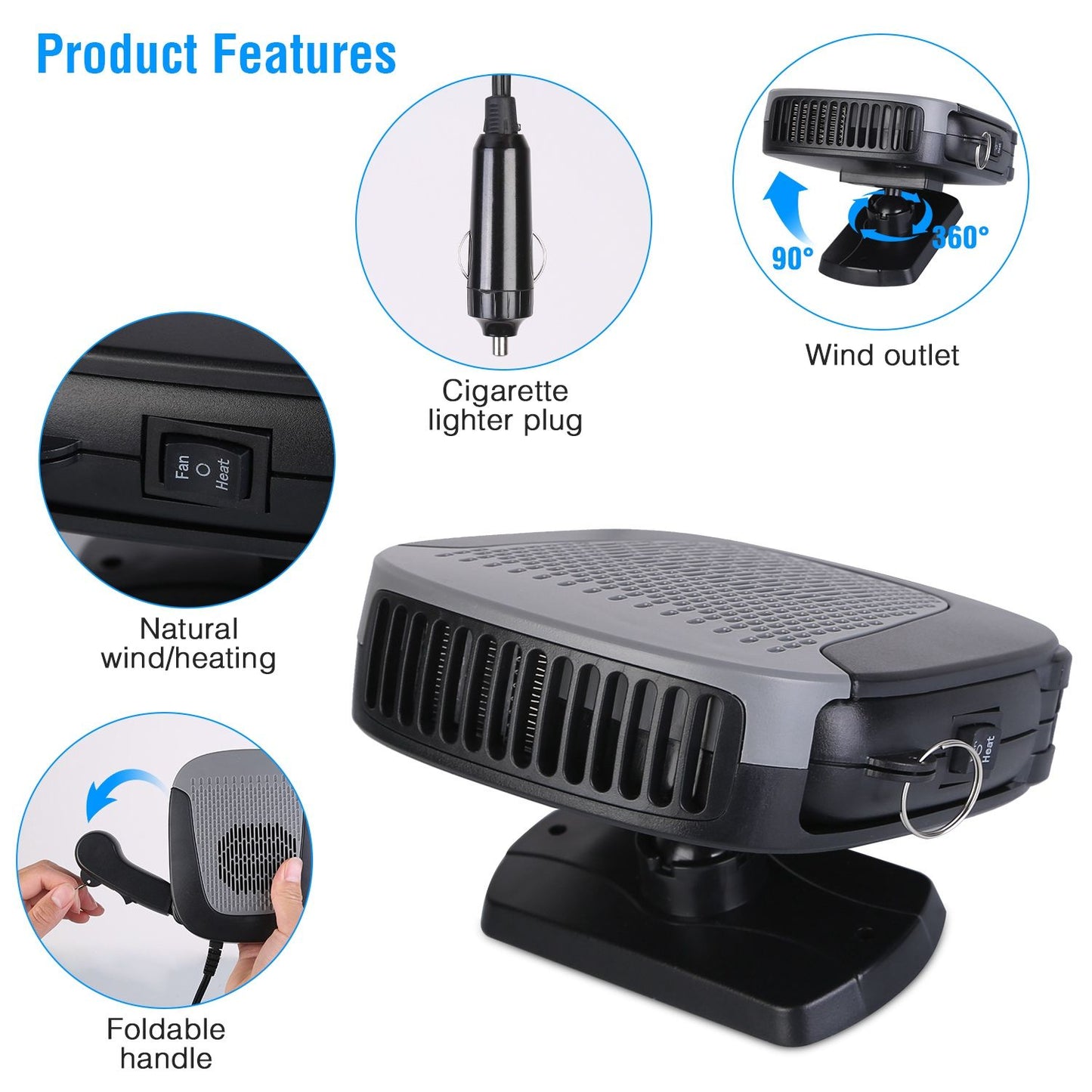Compact car heater and fan with adjustable wind outlet, cigarette lighter plug, ON/OFF switch, and foldable handle, ideal for portable heating and cooling in vehicles.