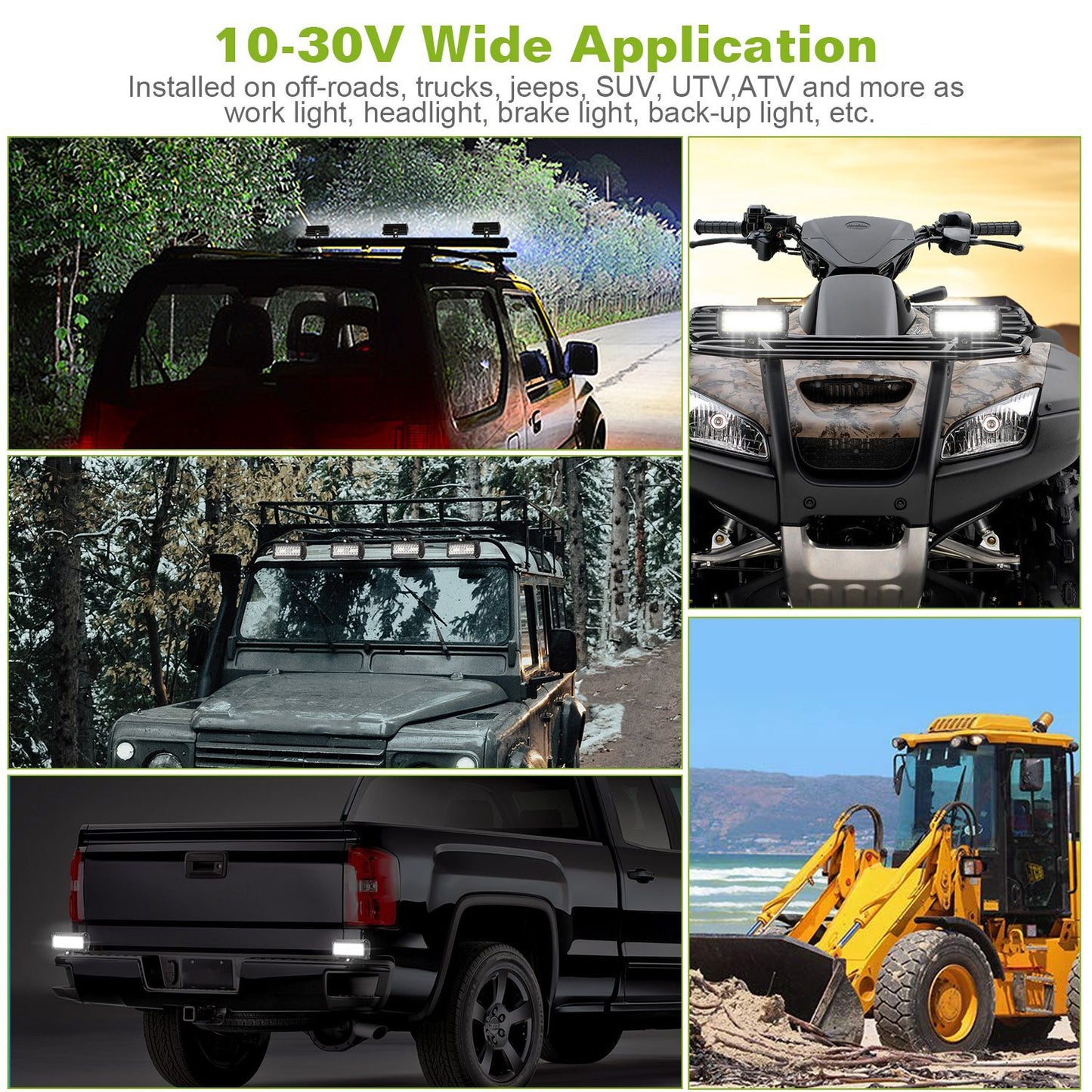 Image showcasing a versatile 10-30V LED light bar suitable for various vehicles including trucks, SUVs, and ATVs, demonstrating its applications as a work light, headlight, brake light, and back-up light across different off-road and work environments.