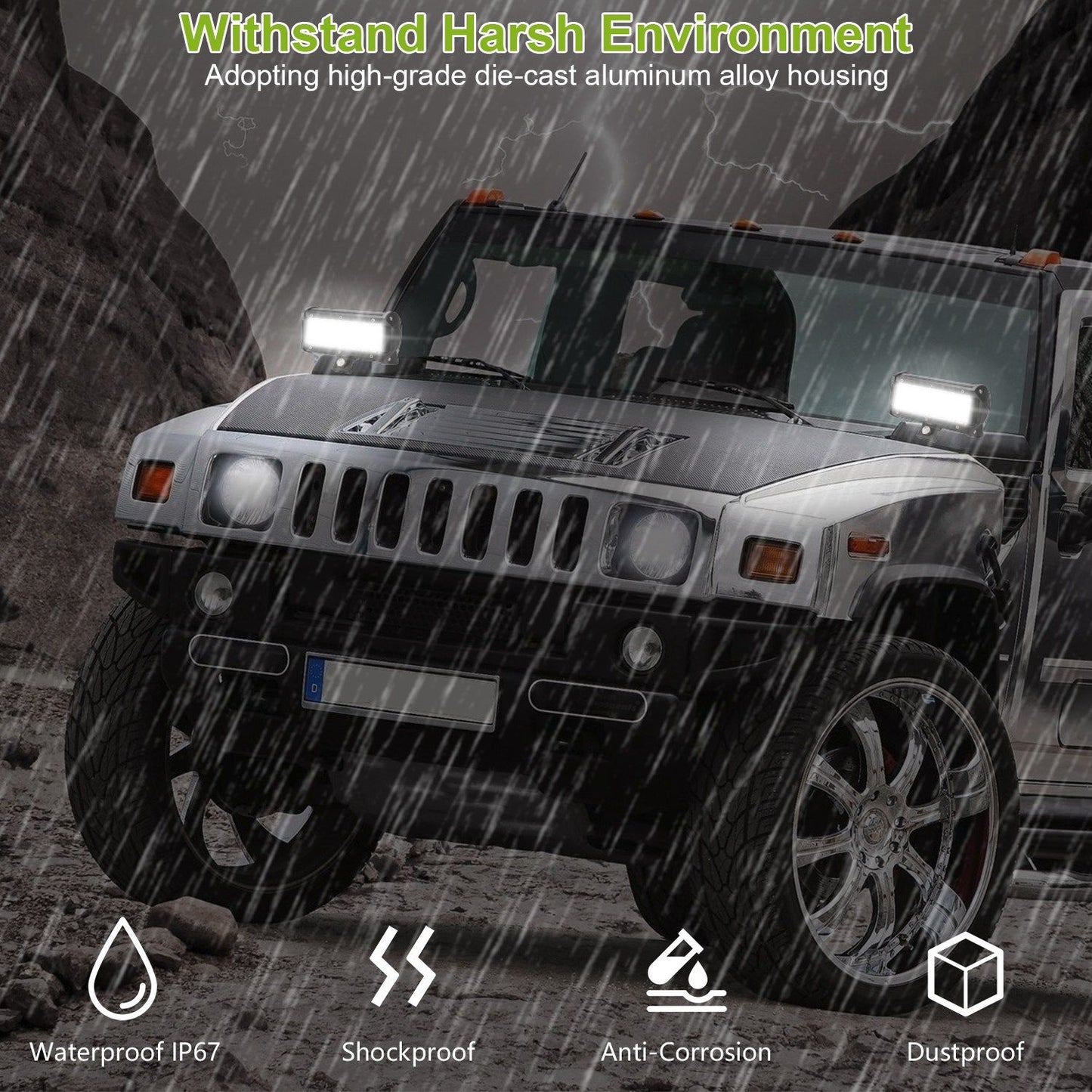 Heavy-duty off-road vehicle with waterproof LED lights, driving through rain on rugged terrain, showcasing durability and shock resistance.