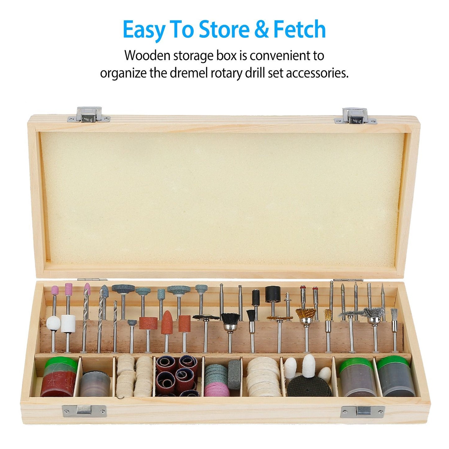Wooden storage box containing a variety of Dremel rotary drill set accessories, including sanding drums, polishing tips, and drill bits, organized neatly for easy access and storage.