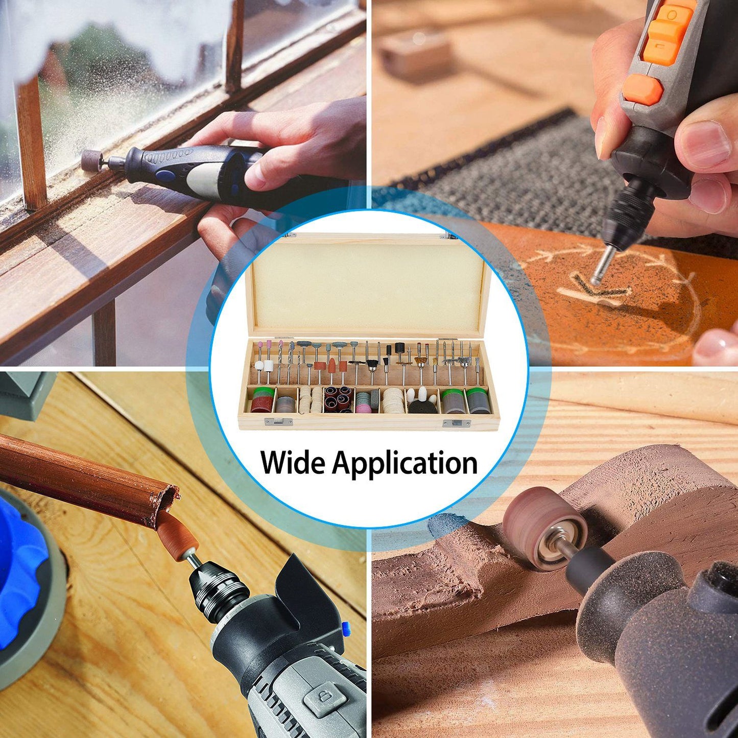 Dremel tool kit with a variety of accessories shown in use for various applications, including sanding wood, engraving leather, and cleaning windows, emphasizing versatility and effectiveness.