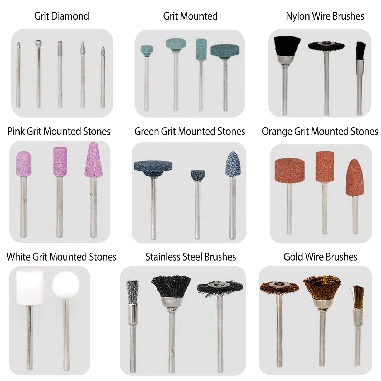 Assorted dental and jewelry polishing tools including grit diamond, mounted stones in pink, green, orange, and white, as well as nylon, stainless steel, and gold wire brushes on a light background.