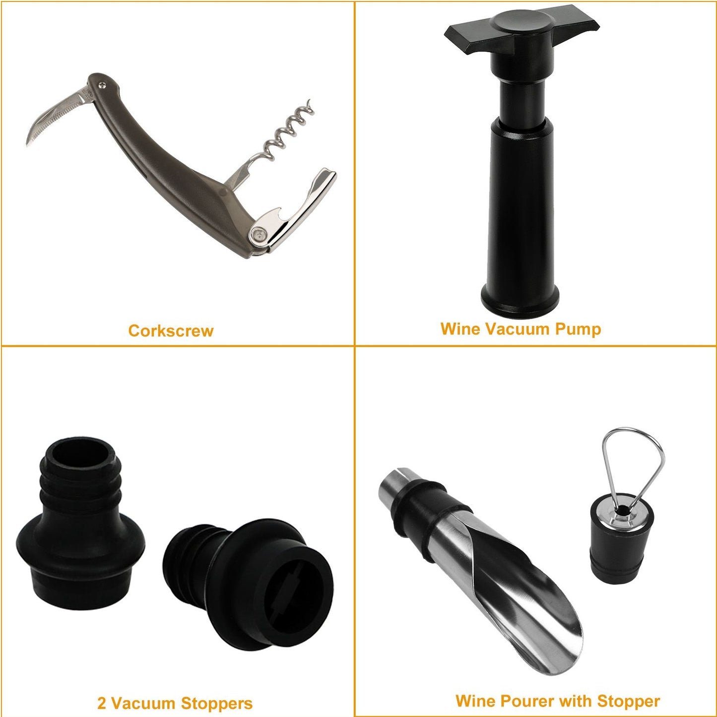 Corkscrew, wine vacuum pump, two vacuum stoppers, and wine pourer with stopper set for preserving and serving wine.