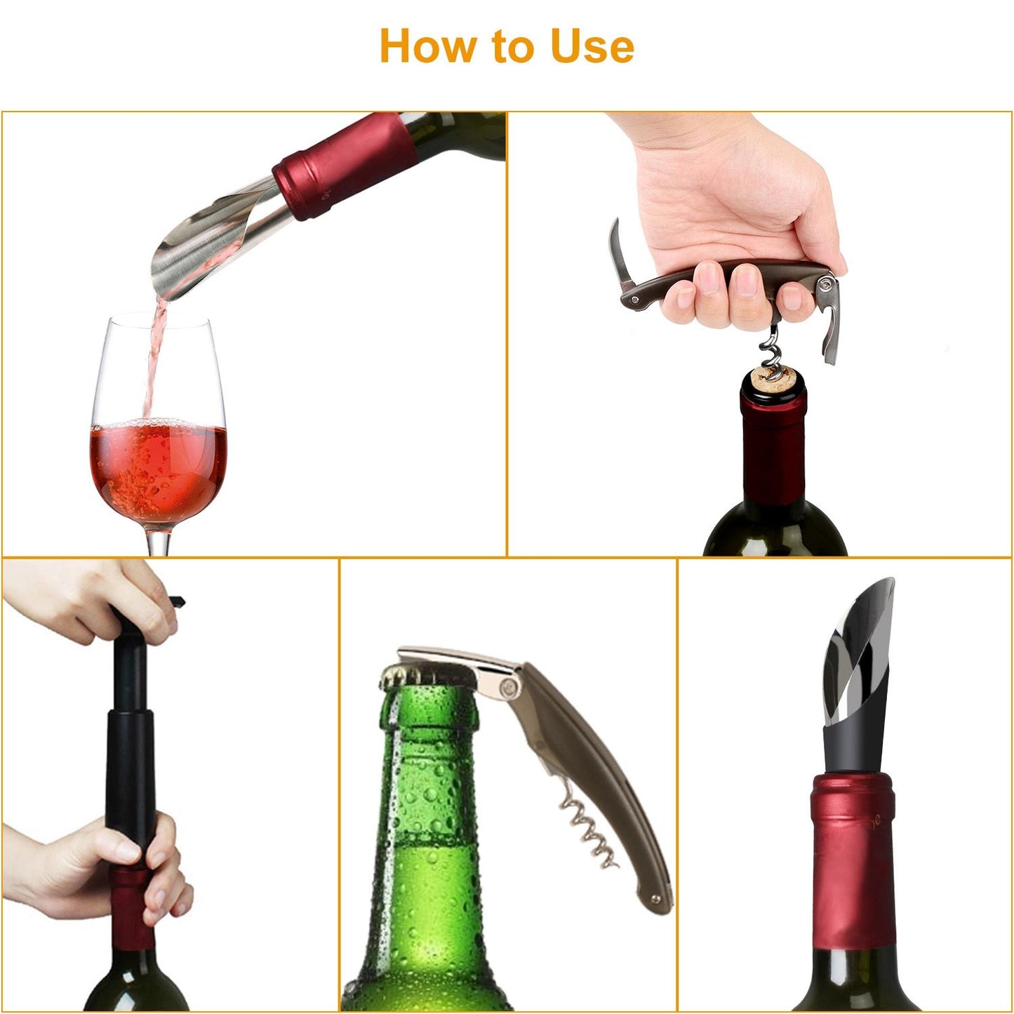 Instructions for using a wine bottle corkscrew and pourer, with images showing various steps: pouring wine into a glass, using a corkscrew on a wine bottle, and opening a beer bottle with a corkscrew.