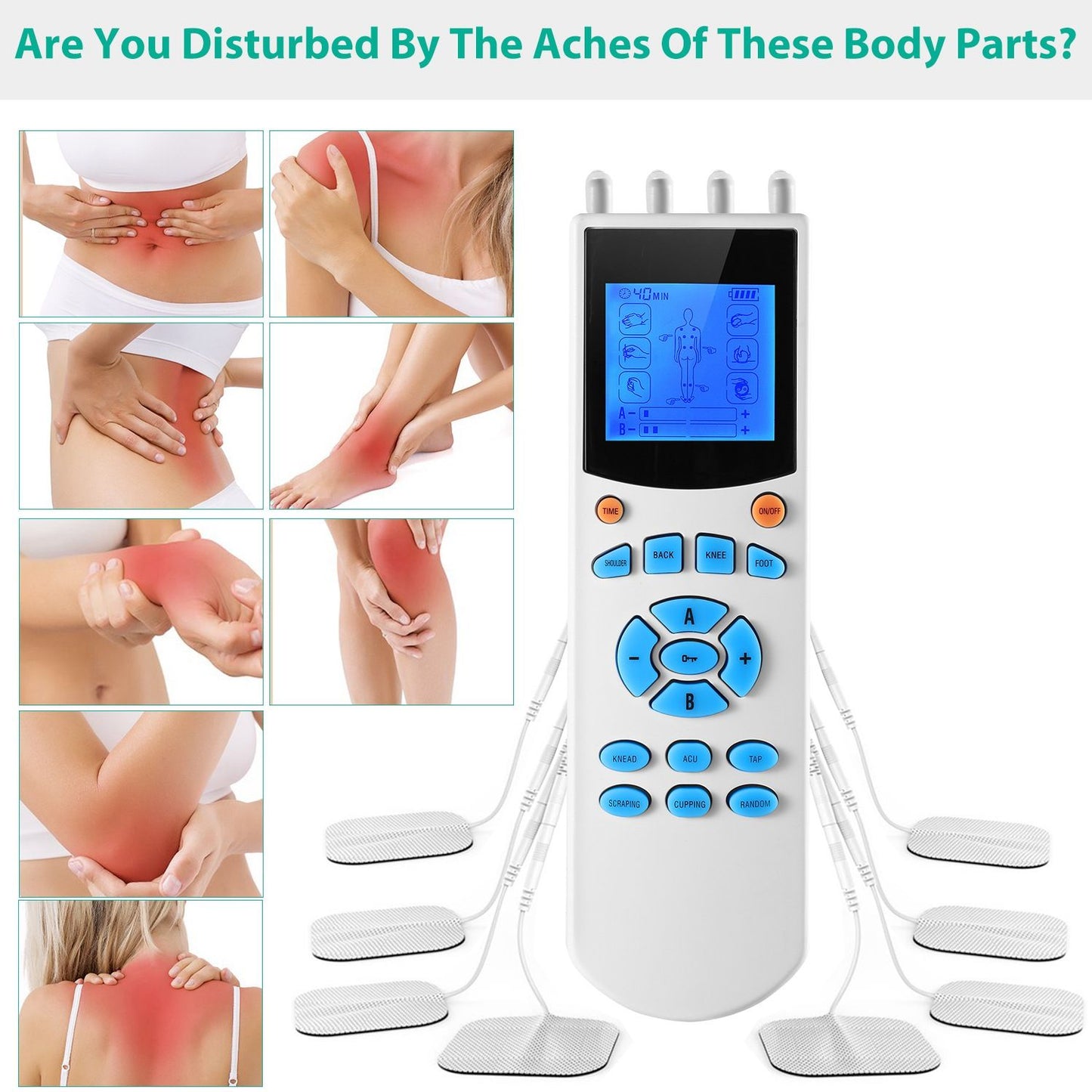 Image of a pain relief electronic muscle stimulator device with a digital display and electrode pads, alongside various images highlighting areas of body pain such as shoulders, back, knees, and legs, designed for soothing muscle discomfort and tension.